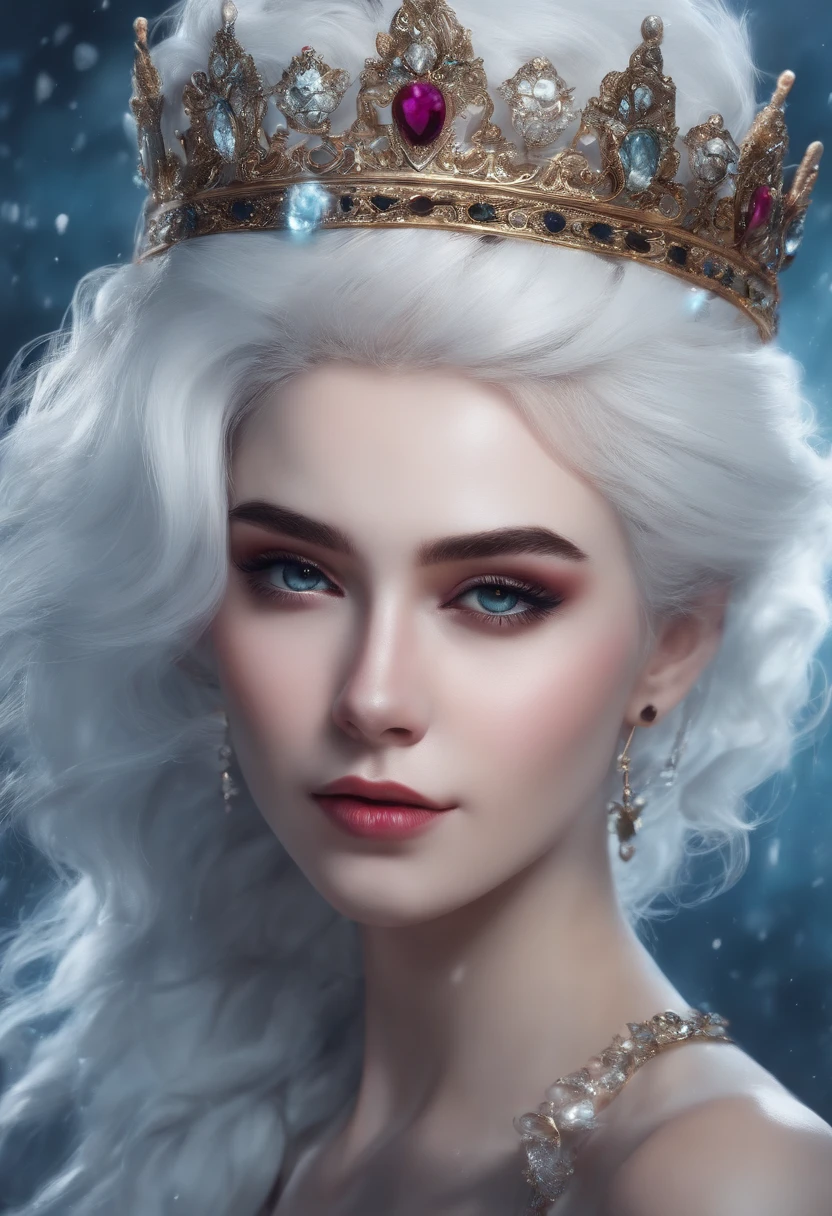 semi realistic girl psycho face white hair and crown, ice, psycho smiling