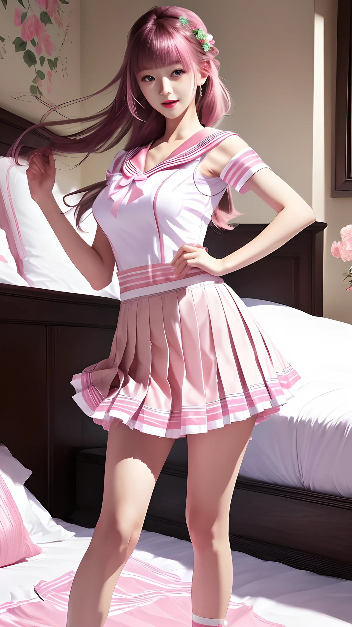 Beautiful illustration、top-quality、 s、Bedroom、A pink-haired、long whitr hair、(((Pink pleated skirt)))、(((Pink sailor suit)))、short- sleeved、huge tit、a navel、Turn up the skirt with your hands、showing white panties、Pull up the skirt，The reveal panties、Bare legged、eBlue eyes、on top of the bed、Lovely thighs、glowing thigh