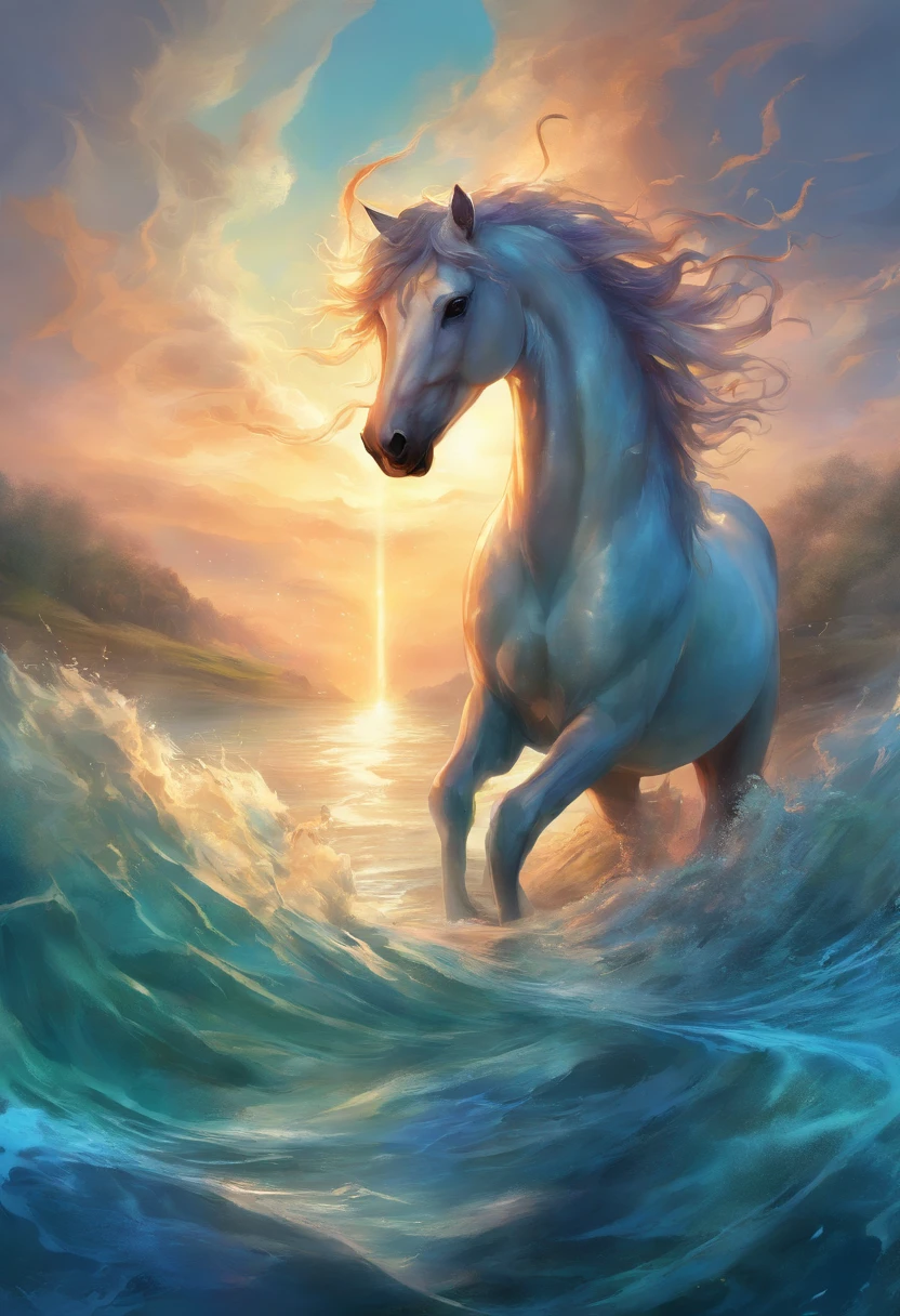 best quality,4k,highres,masterpiece:1.2,ultra-detailed,realistic, Kelpie, mix of a horse and fish, horse in front fish tail at back, shimmering scales,emerging from the water,kelpie,mythological creature,gleaming light,realistic water texture,wet and glistening appearance,rippling reflections,mythical aura,underwater scenery,majestic presence,natural environment,serene atmosphere,mystical creature presence,ethereal lighting,graceful movement,supernatural powers,calm and tranquil setting,fantastical creature,mesmerizing beauty,powerful and captivating gaze,fine details,mythical creature mythology,slender and elegant body shape,nature-inspired elements,subtle hues,detailed textures,mythical being,deep in the waves,submerged lower body,mythical horse-like features,water cascading,dynamic and energetic pose
