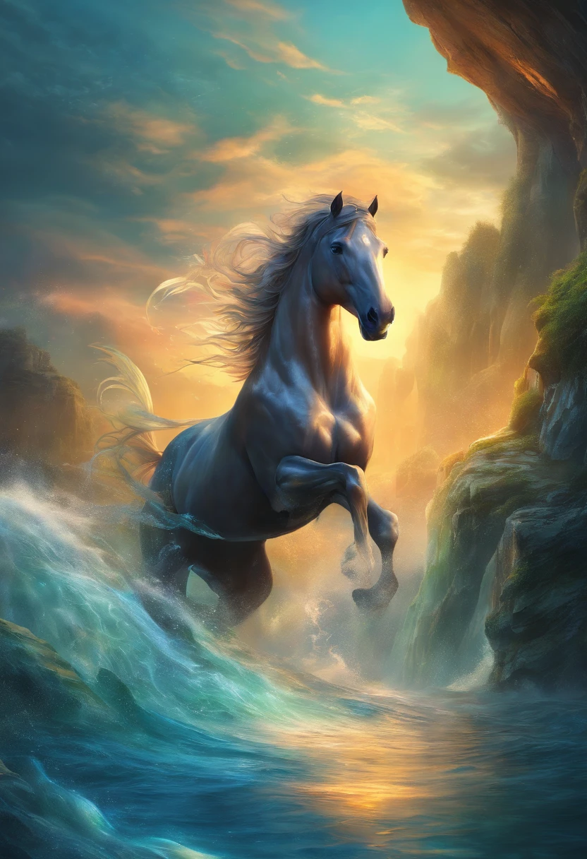 best quality,4k,highres,masterpiece:1.2,ultra-detailed,realistic, Kelpie, mix of a horse and fish, horse in front fish tail at back, shimmering scales,emerging from the water,kelpie,mythological creature,gleaming light,realistic water texture,wet and glistening appearance,rippling reflections,mythical aura,underwater scenery,majestic presence,natural environment,serene atmosphere,mystical creature presence,ethereal lighting,graceful movement,supernatural powers,calm and tranquil setting,fantastical creature,mesmerizing beauty,powerful and captivating gaze,fine details,mythical creature mythology,slender and elegant body shape,nature-inspired elements,subtle hues,detailed textures,mythical being,deep in the waves,submerged lower body,mythical horse-like features,water cascading,dynamic and energetic pose
