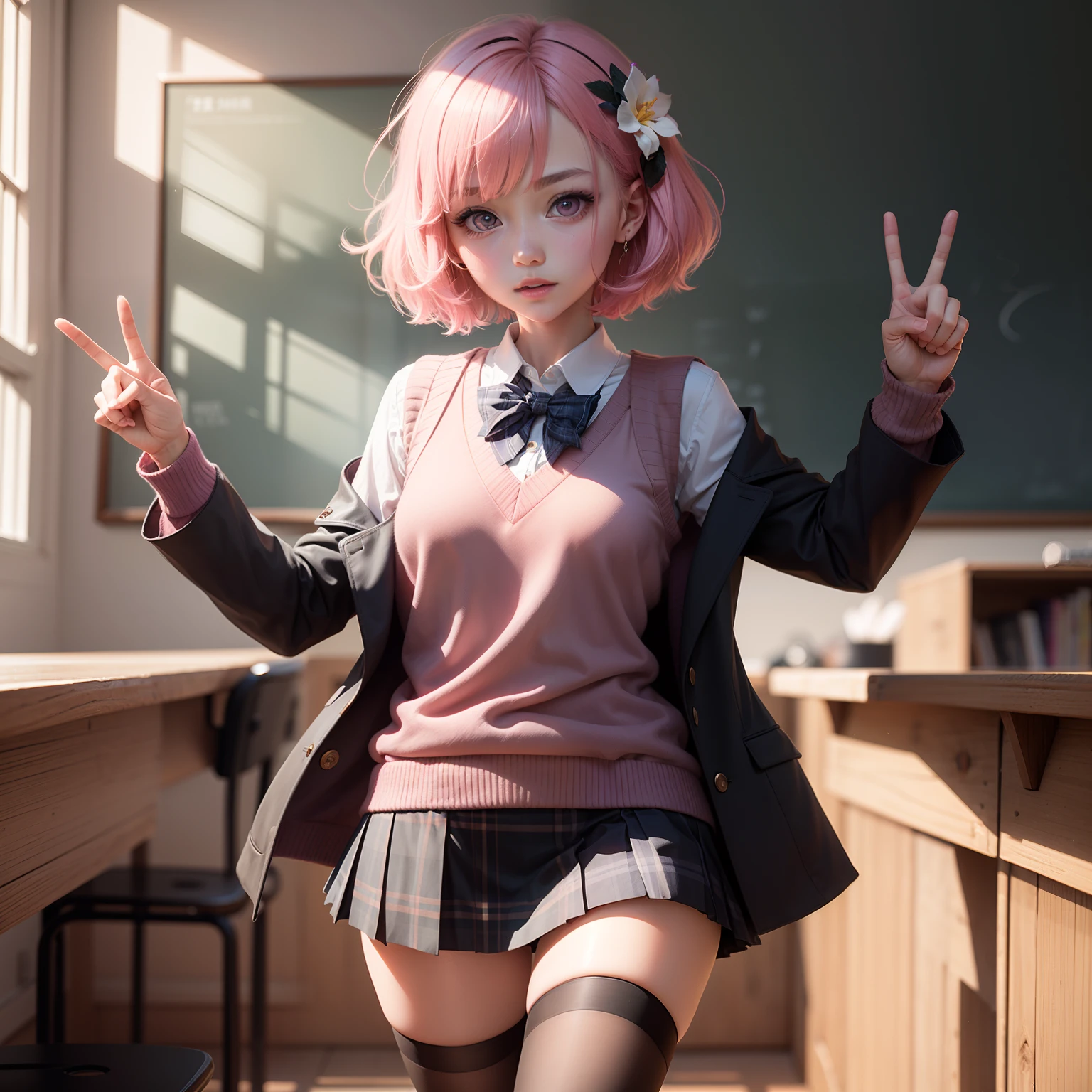 PH Momo, momohd, phmomo, Solo, 1girl in,  Pink hair, Purple eyes, Short hair, Hair Flower, Sweater Vest, School uniform, Big eyes, plaid skirts, black thighhighs,Making a peace sign, embarrassed