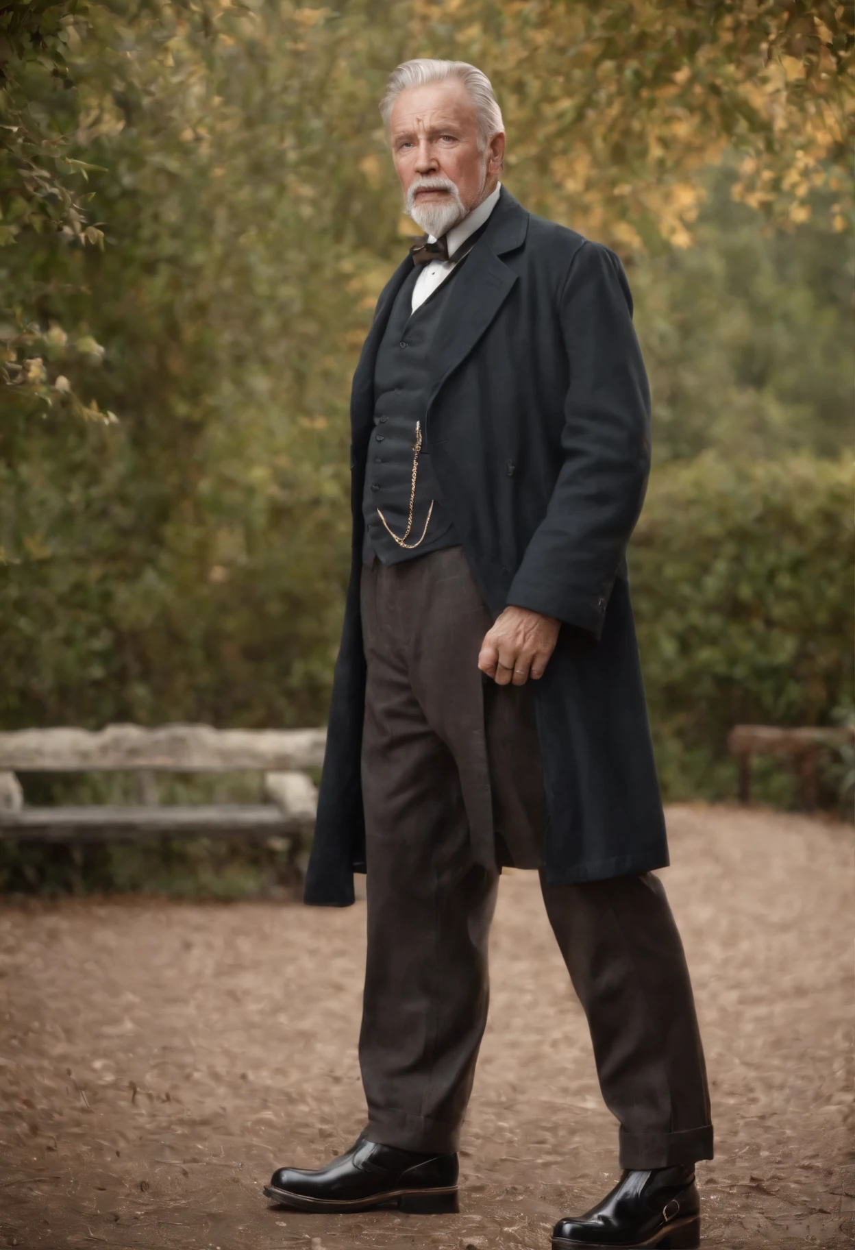 Old gentleman with a goatee,sit on chair,Eyes look at boots,Black high-gloss rain boots, 8K分辨率,Wallpaper masterpiece,Best quality,Highly meticulous,Ultra high quality