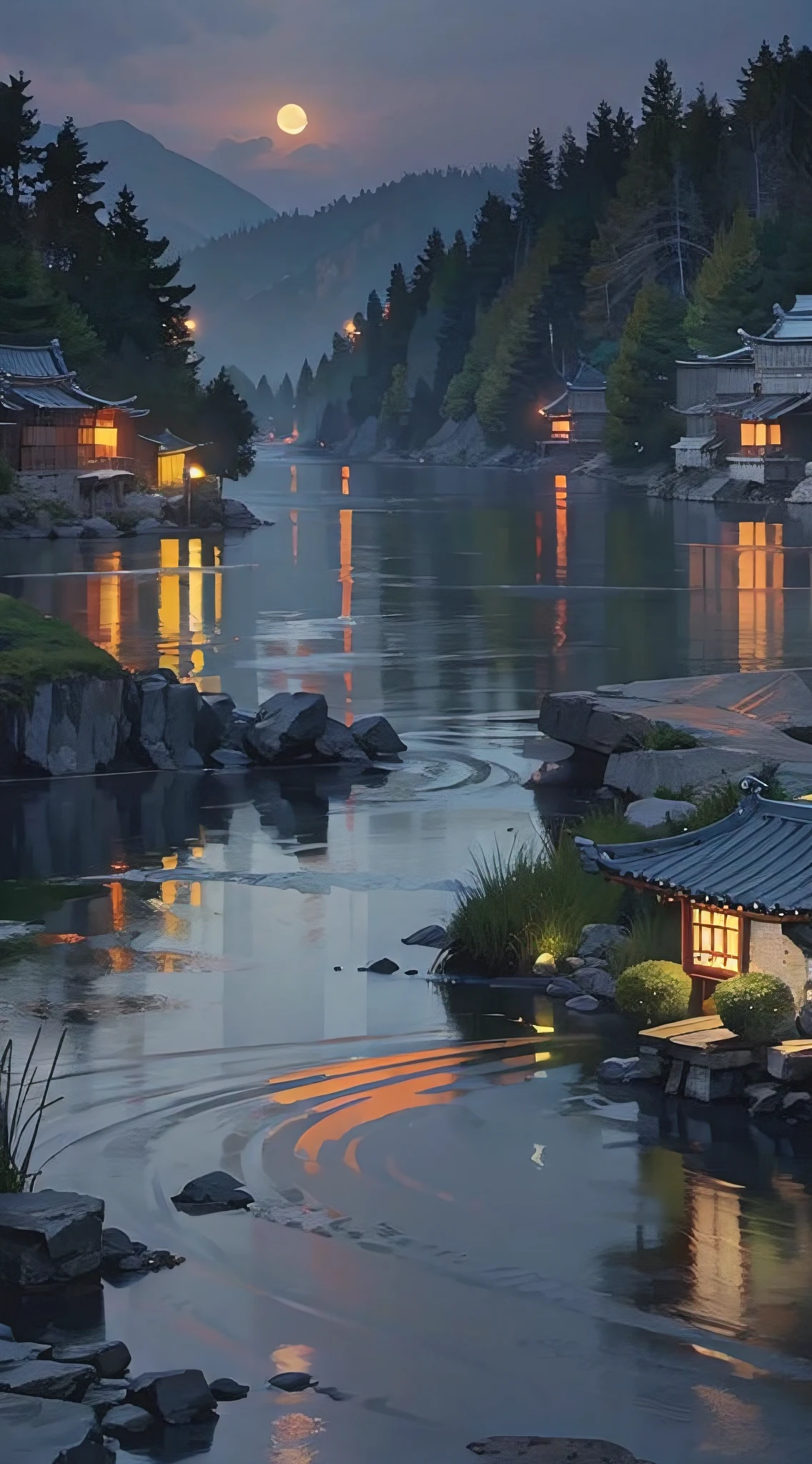 a bridge,Tang Dynasty architecture,the night,themoon,Lake surface,