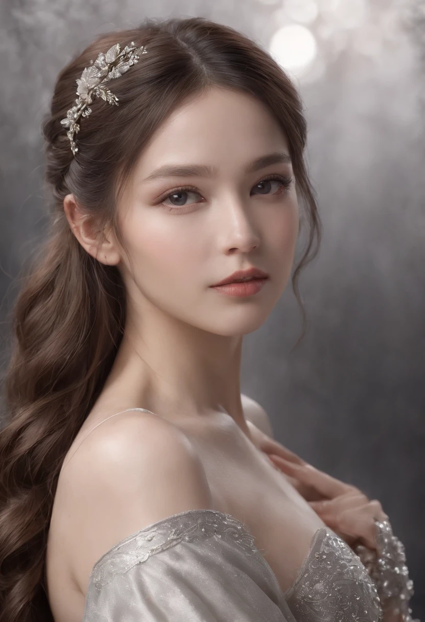 masterpiece、top-quality、hight resolution、High-quality images、8K、Silver metallic、grayscales、skin gloss、Texture of skin and clothing、细节、portlate、Detailed eye expression、Lustrous hair、poneyTail、Braided hair、full body Esbian、dong、spear、evening primrose、by mucha、
