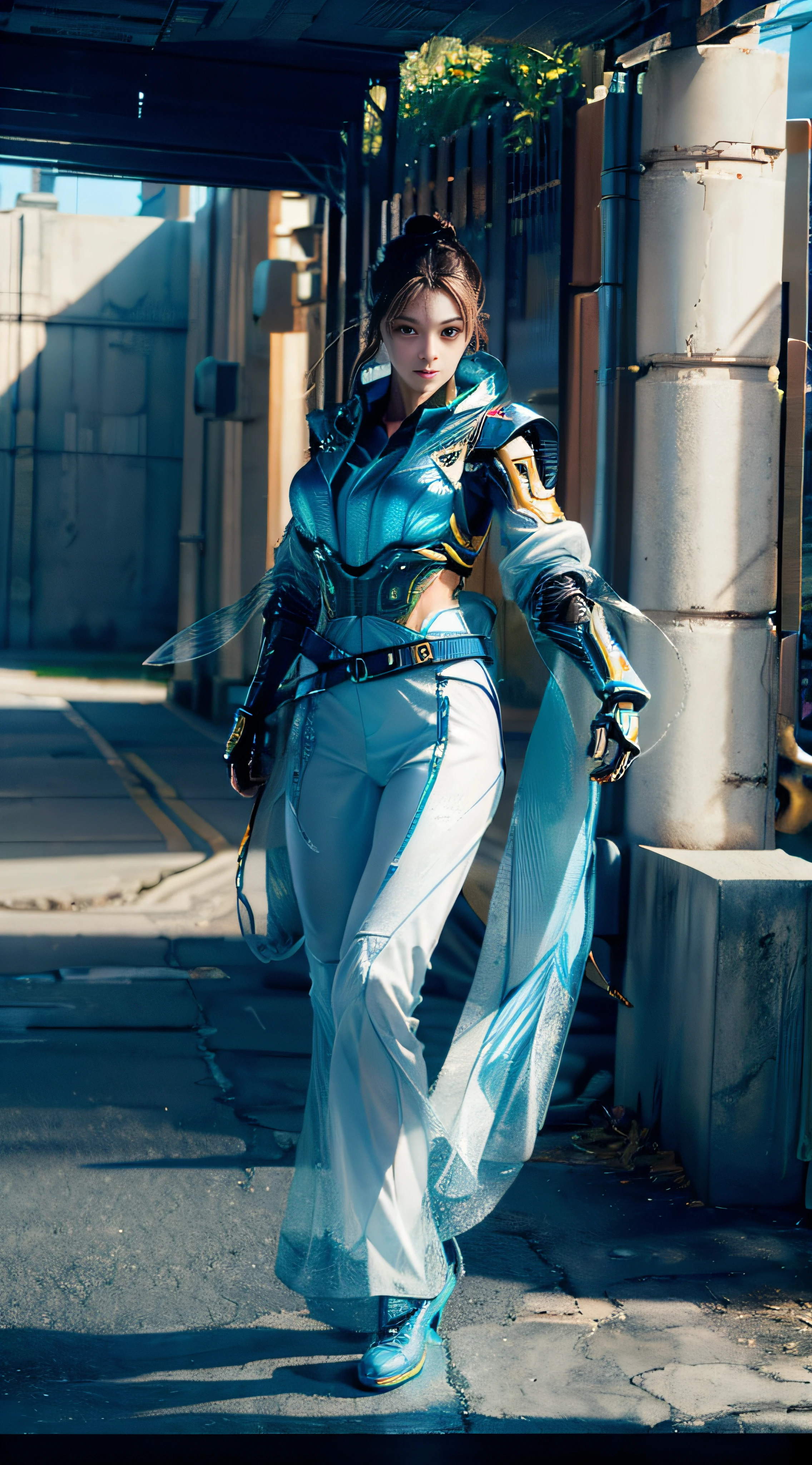 ((on high place))((Best quality)), ((masterpiece)), (highly detailed:1.3), 3D,Shitu-mecha, beautiful cyberpunk women with her mecha in the ruins of city from a forgoten war, ancient technology,HDR (High Dynamic Range),Ray Tracing,NVIDIA RTX,Super-Resolution,Unreal 5,Subsurface scattering,PBR Texturing,Post-processing,Anisotropic Filtering,Depth-of-field,Maximum clarity and sharpness,Multi-layered textures,Albedo and Specular maps,Surface shading,Accurate simulation of light-material interaction,Perfect proportions,Octane Render,Two-tone lighting,Low ISO,White balance,Rule of thirds,Wide aperature,8K RAW,Efficient Sub-Pixel,sub-pixel convolution,luminescent particles,light scattering,Tyndall effect(the face is female more photorealistic & full body frighting, Jumping, kung fu action pose)(99% is female,1% is robot)( outdoor) ((Low angle))