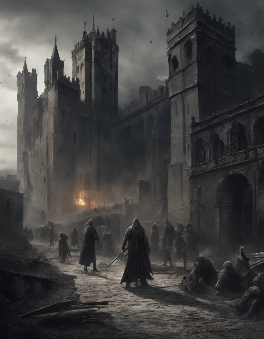 medieval times，Bubonic Plague，Dead crowd。
，k hd，8K,a color，The Black Death is thought to have been caused by a bacterium called the plague。