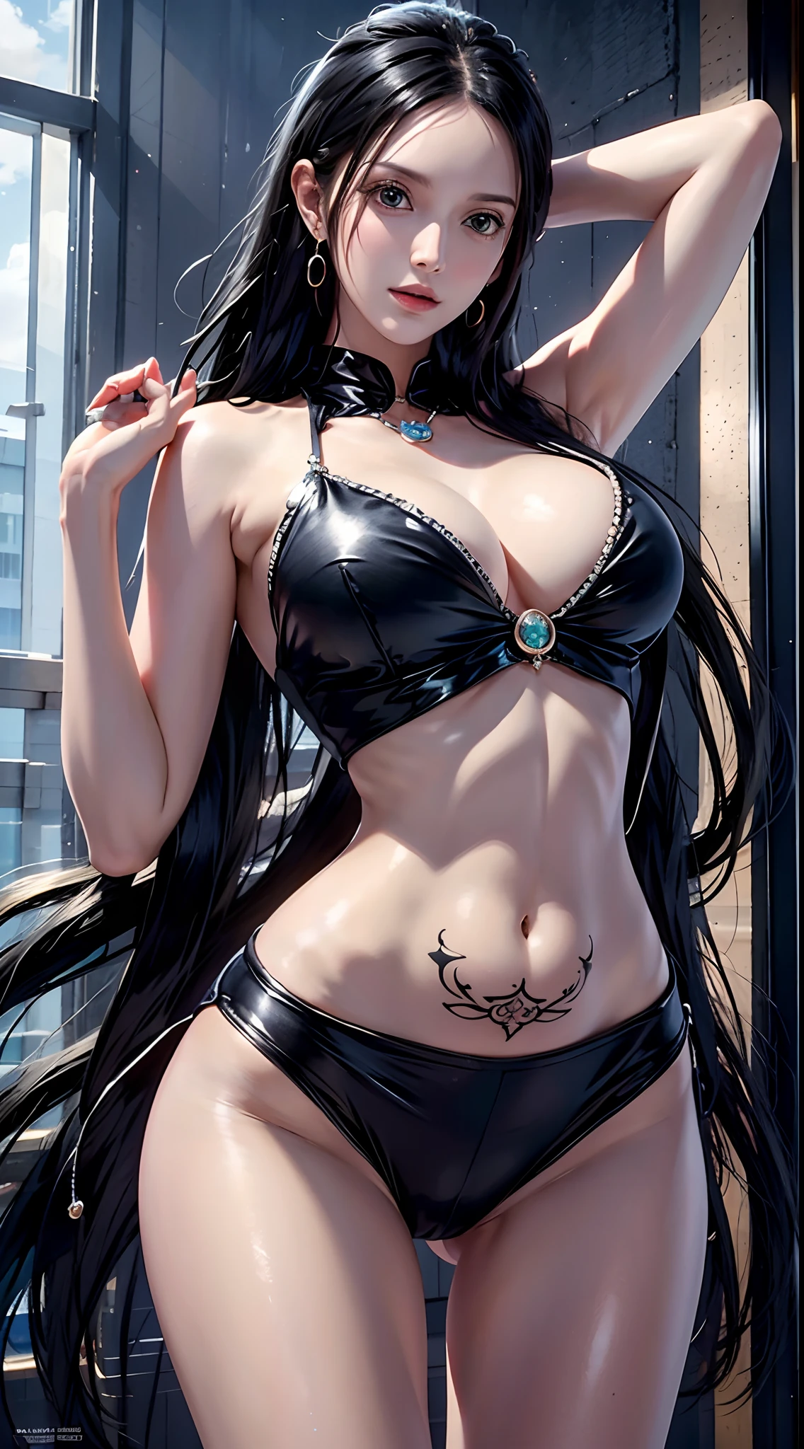 photorealistic, high resolution, soft light, 1women, solo, hips up, dynamic pose, shining skin, jewelry, tattoo, thigh,black hair,long hair,ear pendants,pearls and jewels, school uniform, EdobNicoRobin