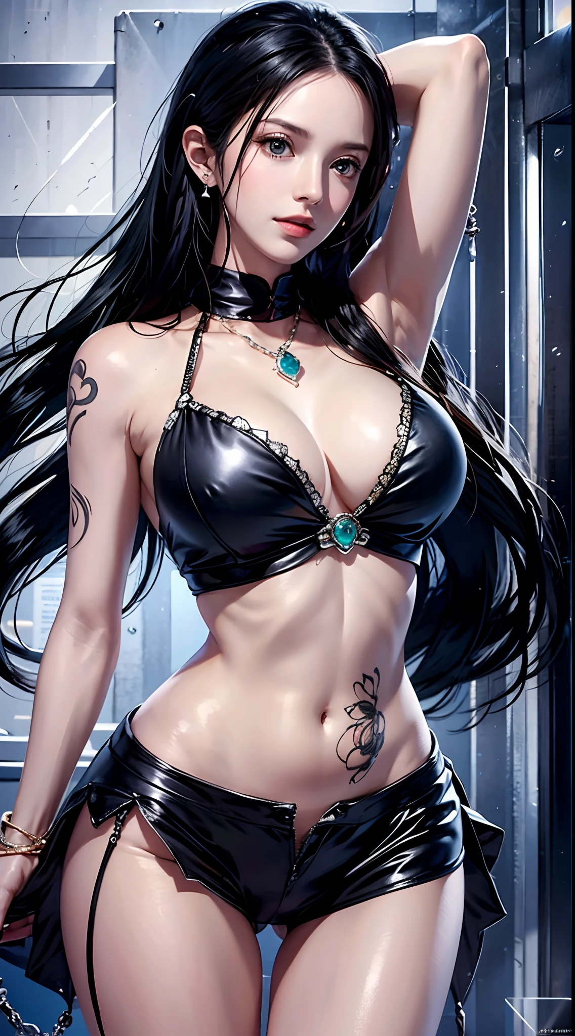 photorealistic, high resolution, soft light, 1women, solo, hips up, dynamic pose, shining skin, jewelry, tattoo, thigh,black hair,long hair,ear pendants,pearls and jewels, school uniform, EdobNicoRobin