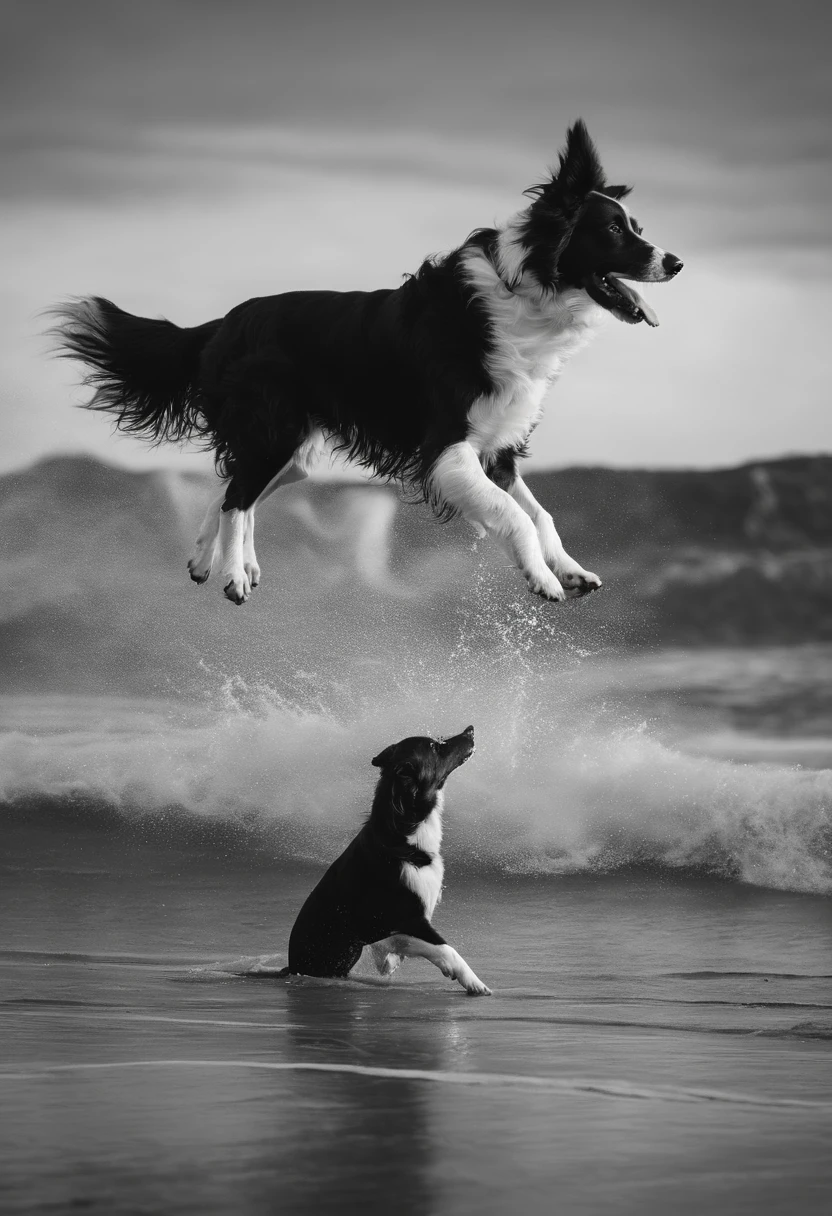 Make a Border Collie dog, The dog is in black and white color, ele esta em uma quadra de volei de praia, em uma praia jogando volei junto com homens