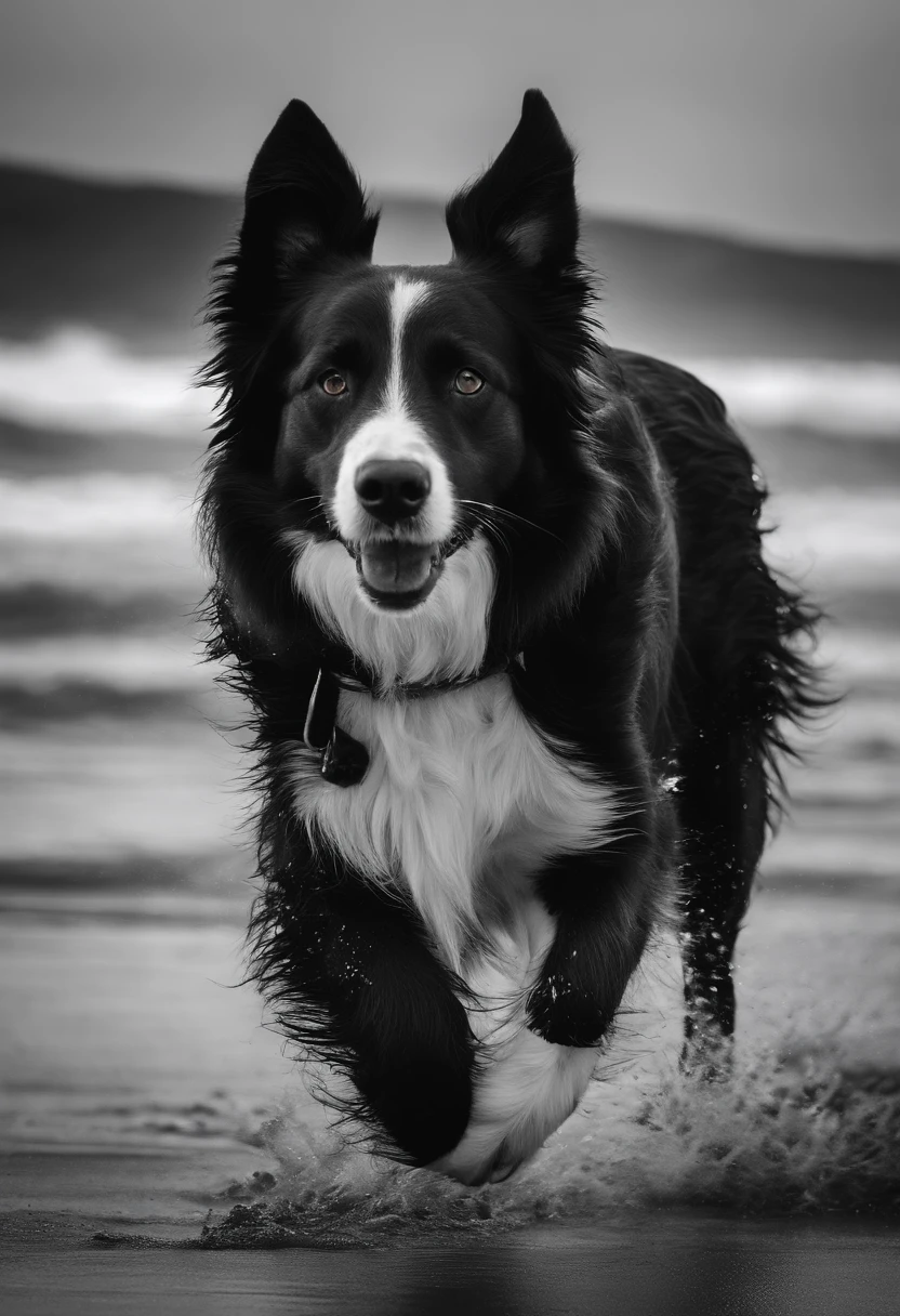 Make a Border Collie dog, The dog is in black and white color, ele esta em uma quadra de volei de praia, em uma praia jogando volei junto com homens
