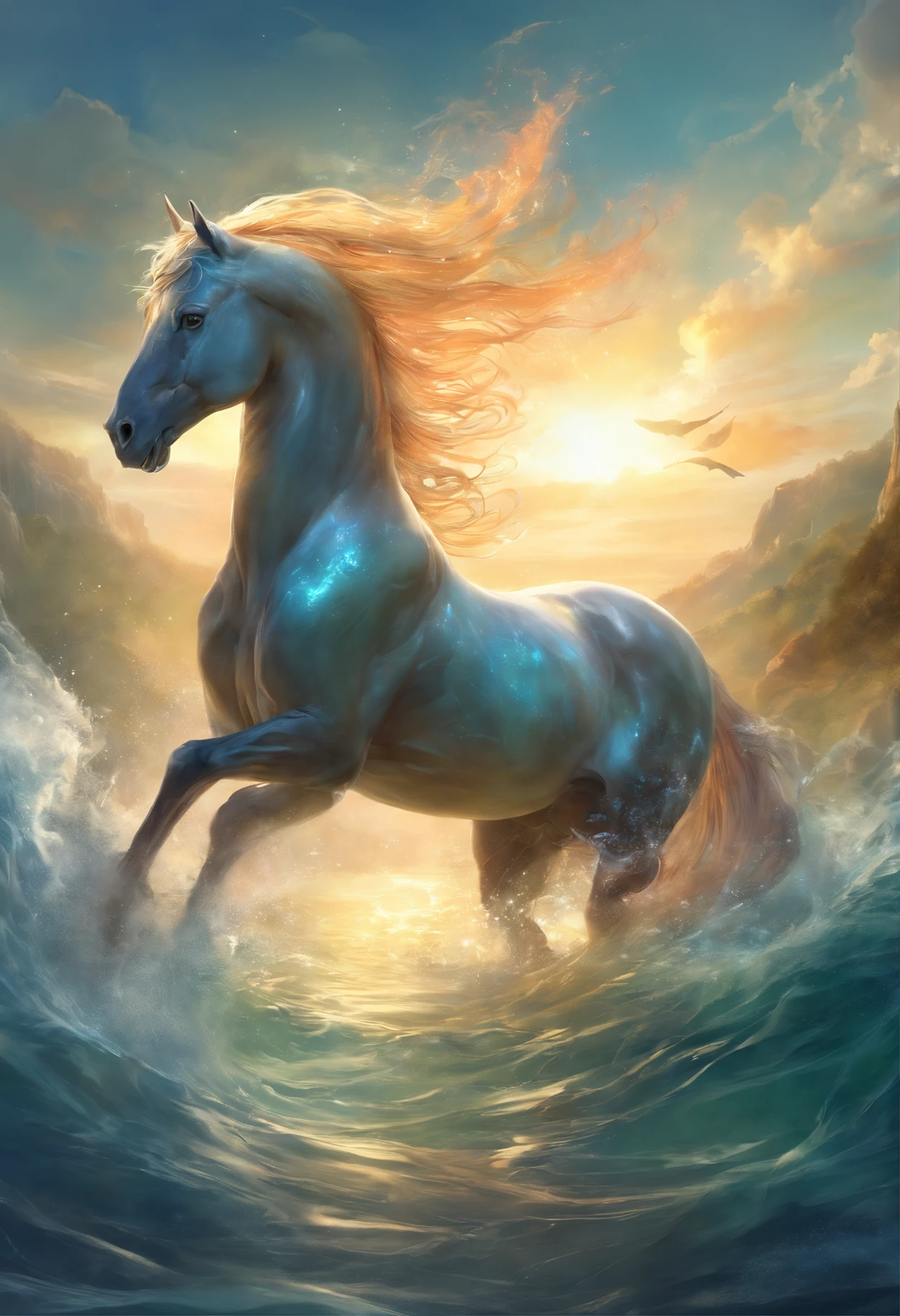 best quality,4k,highres,masterpiece:1.2,ultra-detailed,realistic, Kelpie, mix of a horse and fish, horse in front fish tail at back, shimmering scales,emerging from the water,kelpie,mythological creature,gleaming light,realistic water texture,wet and glistening appearance,rippling reflections,mythical aura,underwater scenery,majestic presence,natural environment,serene atmosphere,mystical creature presence,ethereal lighting,graceful movement,supernatural powers,calm and tranquil setting,fantastical creature,mesmerizing beauty,powerful and captivating gaze,fine details,mythical creature mythology,slender and elegant body shape,nature-inspired elements,subtle hues,detailed textures,mythical being,deep in the waves,submerged lower body,mythical horse-like features,water cascading,dynamic and energetic pose