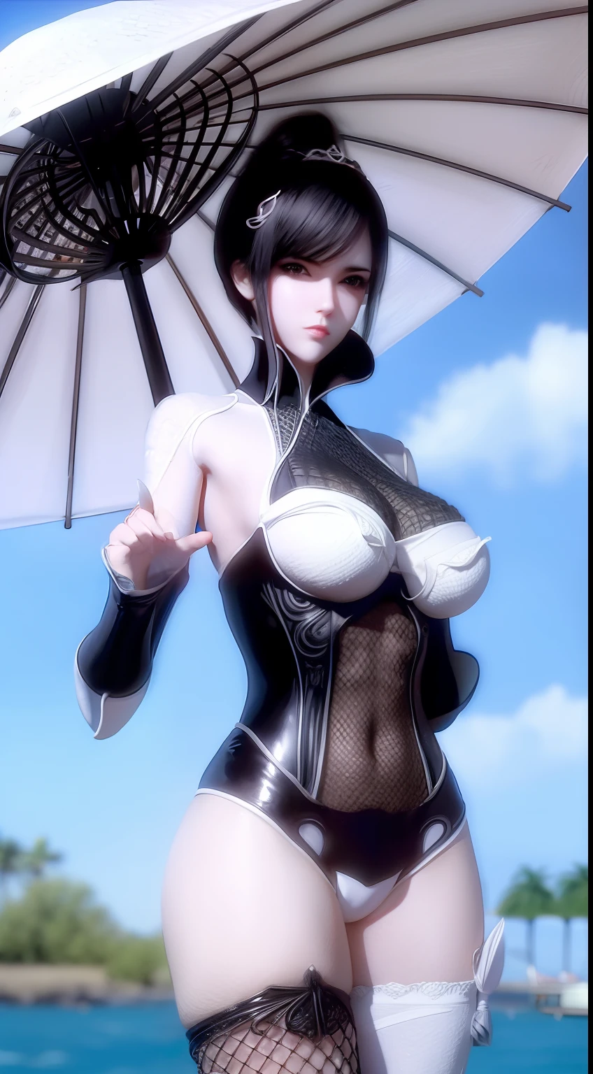 A girl with black hair holds an umbrella,Hands over large breasts。Wearing sexy white lingerie by the sea