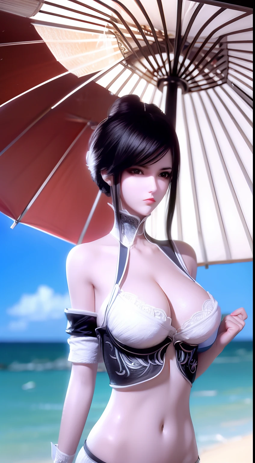 A girl with black hair holds an umbrella，Hands over large breasts。Wearing sexy white lingerie by the sea