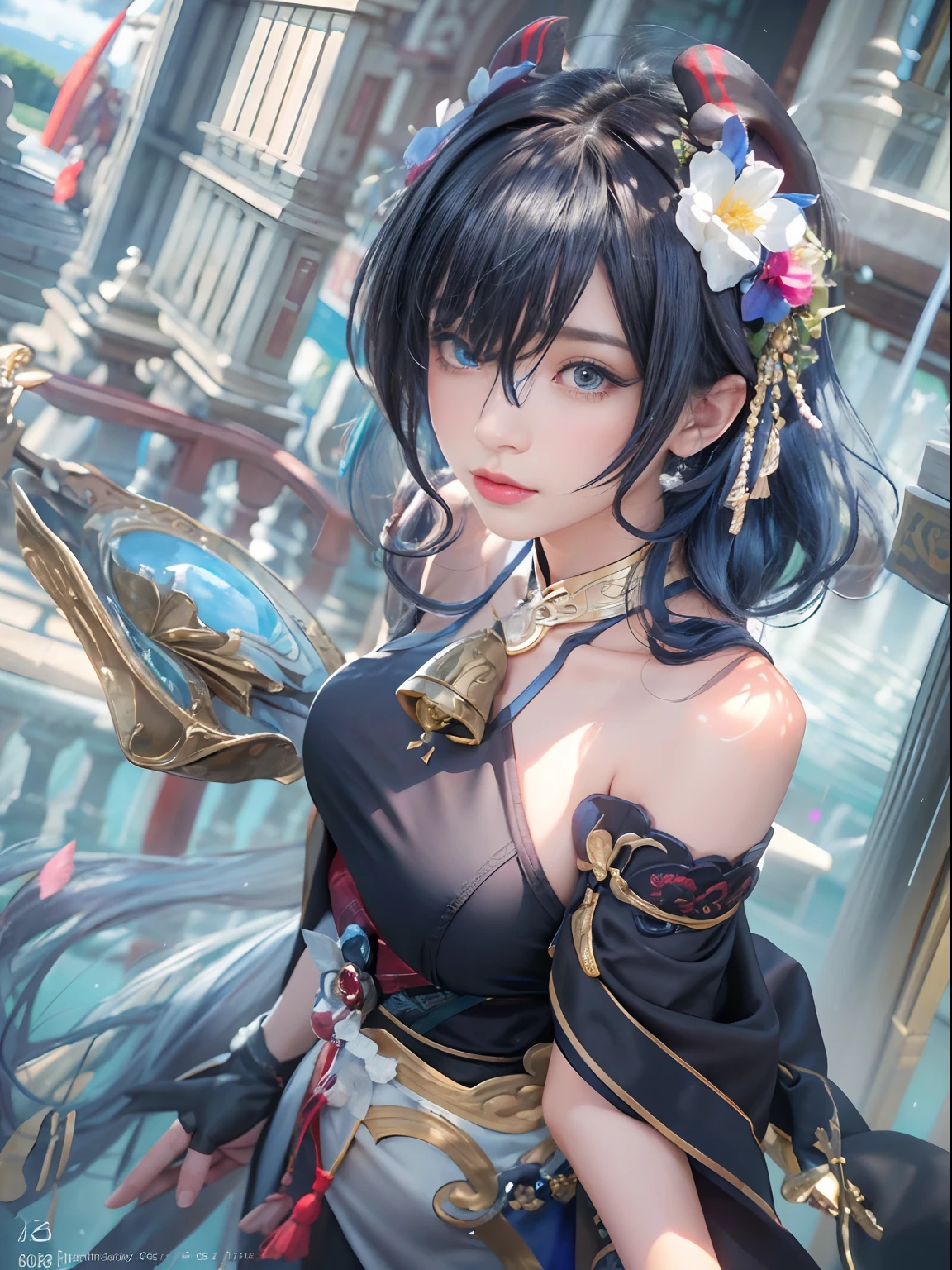(photorealistic:1.4), (masterpiece, sidelighting, finely detailed beautiful eyes: 1.2), masterpiece*portrait, realistic, 3d face,
ganyu \(genshin impact\), 1girl, ahoge, architecture, bangs, bare shoulders, bell, black gloves, black pantyhose, (blue hair), blush, breasts, chinese knot, detached sleeves, flower knot, gloves, horns, long hair, looking at viewer, medium breasts, neck bell