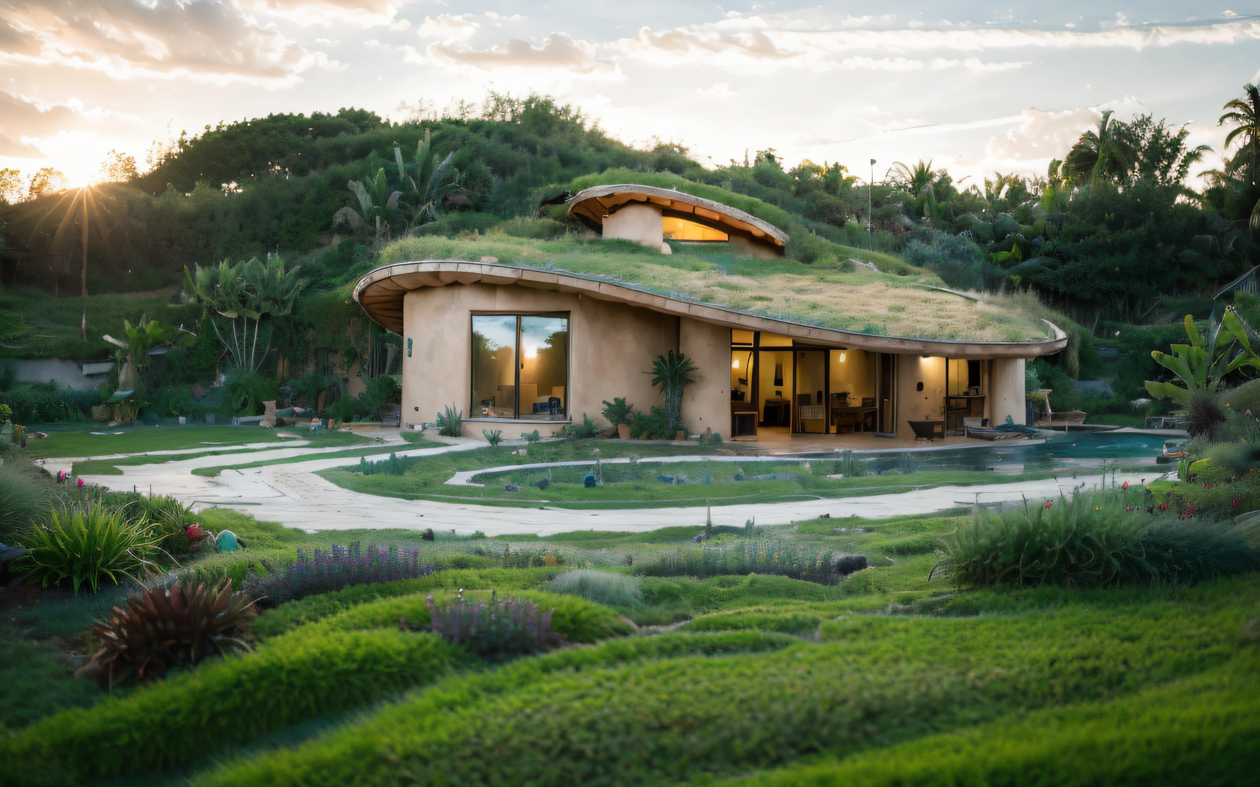 A photographyof a imposing contemporary modern sigle storey house with a organic curved angular rounded corners walls and ((((greenroof:1.2)))) in tropical backyard with a ((biological pool)), plaster (((rustic mud stucco terracotta))) and a (((wave shape greenroof with a wood edge))), (((wood and rake fascia roof))), eaves, porch, ((timber frame roof)), in the bali (((tropical garden))), ((rounded corners walls)), ((rustic mud plaster)), (((curved organic rounded corners walls))), (((rustic earth plaster, mud clay stucco))), natural houses, ((hadid bali hobbit style)), Organic Buildings, Organic Architecture, Ecovillage, Sustainable Architecture, Biobuilding, Solarpunk Architecture, (((Grass Roof, Green Roof, Green Wave Roof, Rounded Roof, vegetated roofs))), green architecture, Passive house, Rock Foundation, clean sky in background, Interdimensional Villa, a painful beauty, organic architecture, green house, Super Resolution, cinematic, color grading, editorial photography, photography, Photo Shoot, (((front eye top angle view dramatic))), Spring 50mm, Depth of Field, Intricate Details, Natural Colors, Sharp Focus, Warm Light, Shutter Speed 1/1000, F/22, White Balance, Ray Trace Reflections, Lumen Reflections, Screen Space Reflections, Diffraction Classification, Chromatic Aberration, GB Offset, Partial Illumination, Backlight, Natural Illumination, Sweep Lines, Ambient Occlusion, Anti-Aliasing, Shaders, OpenGL-Shaders, GLSL-Shaders, Post Processing, Post Production, The Shading, Tone Mapping, Insanely detailed and intricate, hypermaximalist, elegant, hyperrealistic, super detailed, dynamic pose, Fujifilm XT3