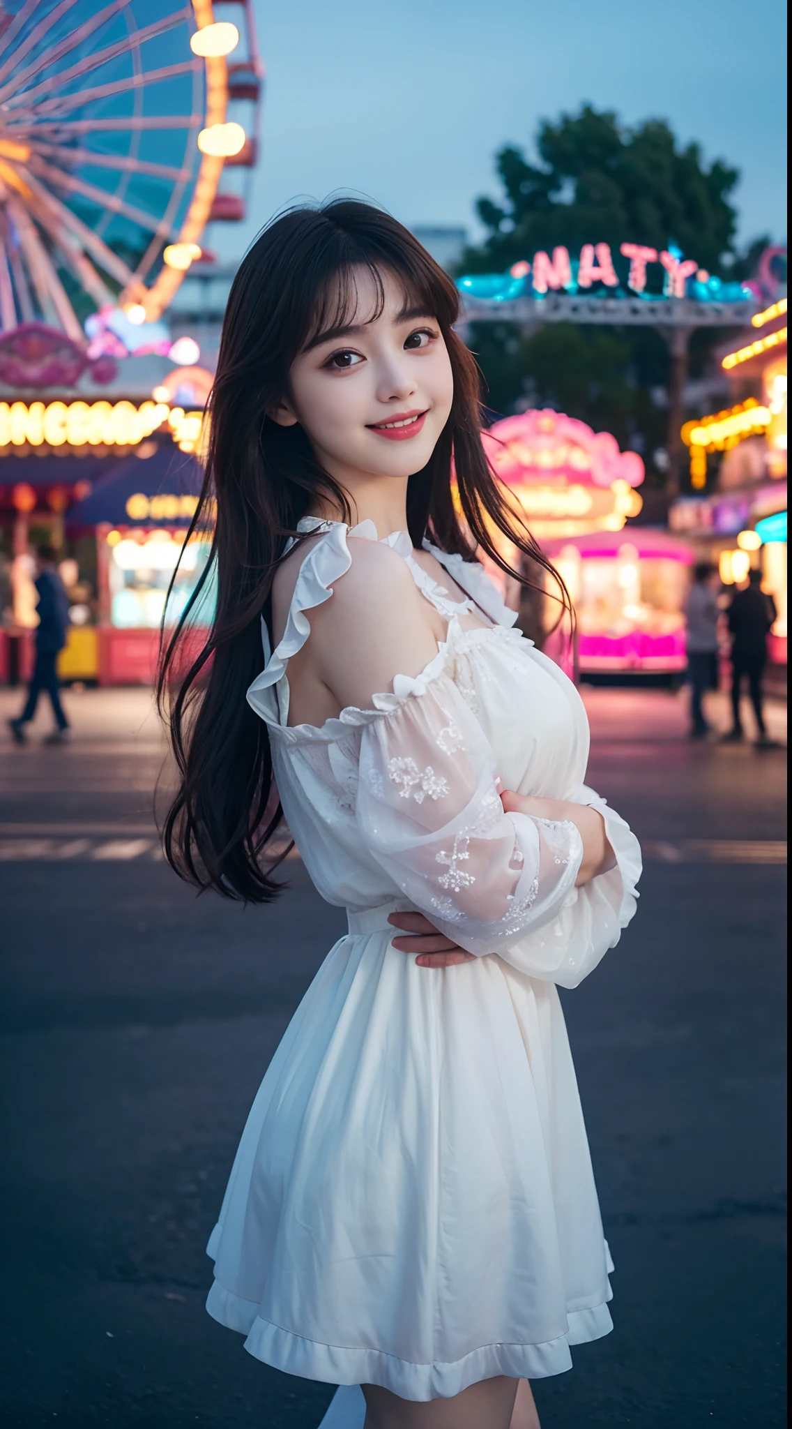 1girl, solo,mix4, (realistic:1.1), (photorealistic:1.1), (masterpiece:1.1), (best quality:1.1), ultra detailed, looking at viewer, smile,sweet_ta,standing , natural lighting, depth of field, (pureerosface_v1:0.8), amusement park in the background,(night),.