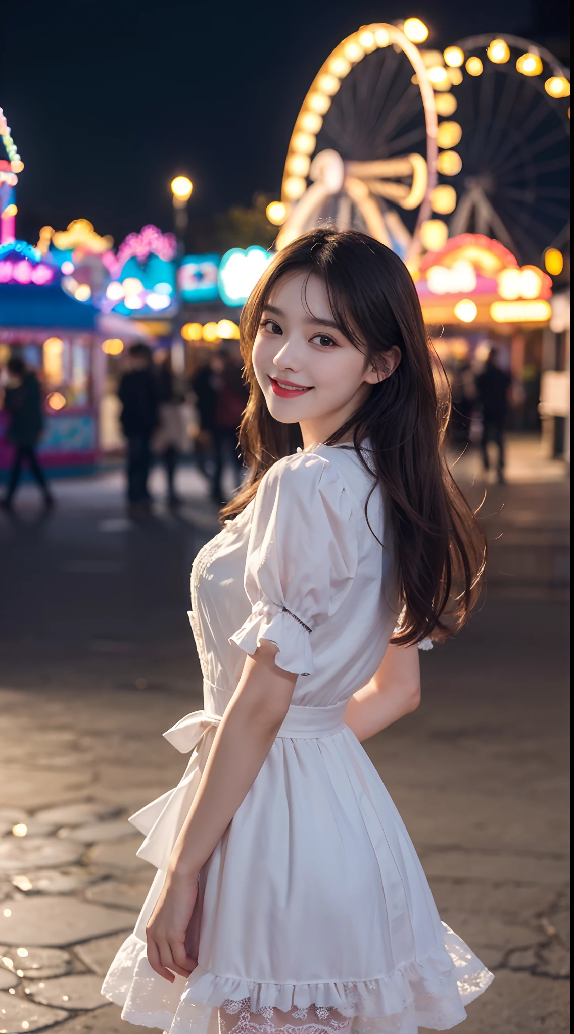 1girl, solo,mix4, (realistic:1.1), (photorealistic:1.1), (masterpiece:1.1), (best quality:1.1), ultra detailed, looking at viewer, smile,sweet_lolita,standing , natural lighting, depth of field, (pureerosface_v1:0.8), amusement park in the background,(night),.