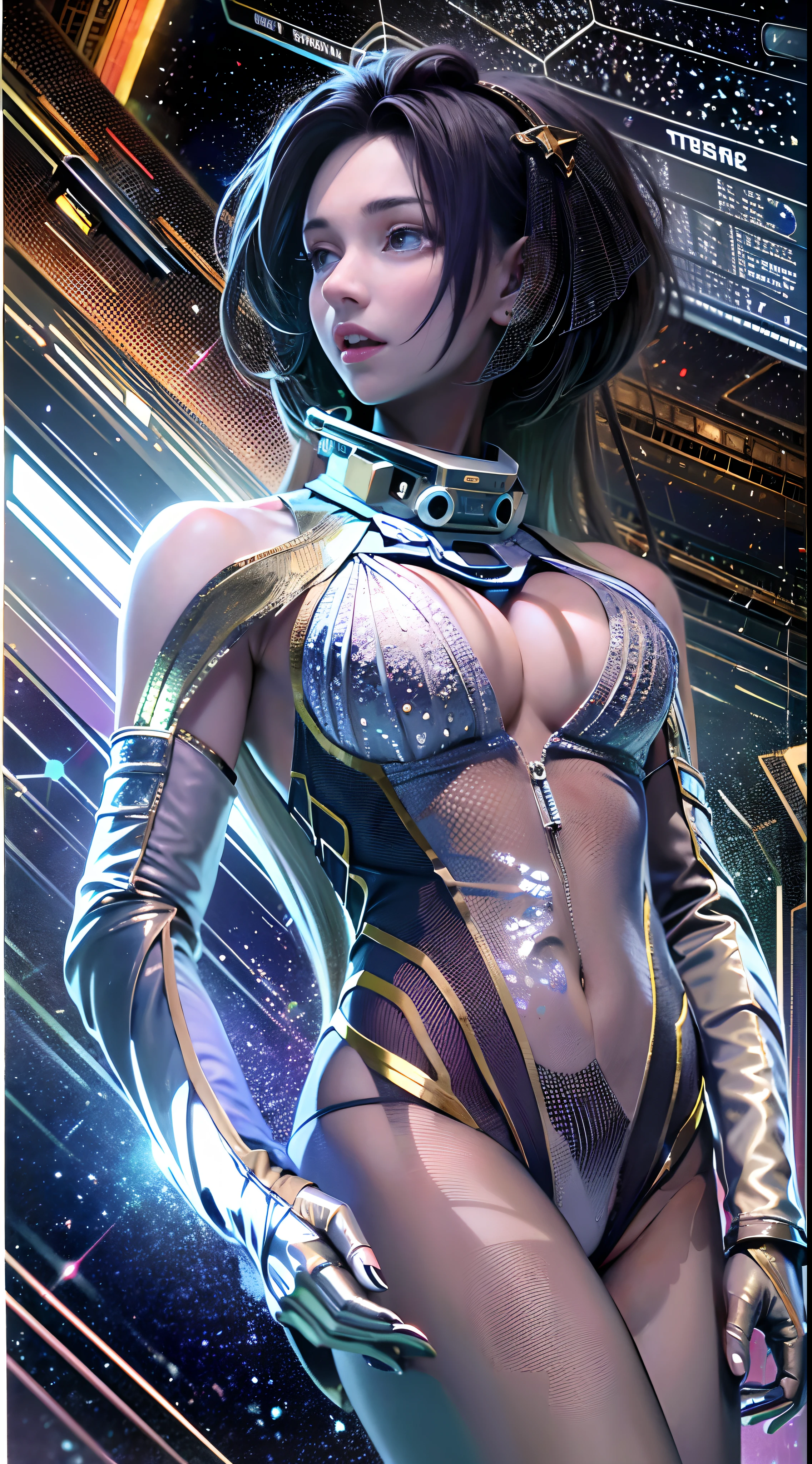 (tmasterpiece:1.2),best qualtiy,In space,(nigh sky,medium lenght hair:1.2),(illustratio:1.2),lindo cenario,dreads,(Elaborate luminescence,lens flare glow),(Hyper-detailing),Hyper-detailing,(exquisitedetails),(complexdetails),(Movie light,Best quality backlight),清晰的线条,New world,peeping at the viewer,Solo Woman,(Space Girl,the space),Oriental women,The girl looks like a Chinese movie star,Solo Woman,Perfect body,Beautiful 16 year old girl,(1girll),(Bright bioluminescent hair,bright glowing eyes),(galaxias,Alien planet),(Astronaut wearing sexy futuristic style white fitted spacesuit:1.1),The material of the spacesuit is light and thin,Latex tight spacesuit,The chest of the spacesuit shows the starry sky,Slightly closed eyes,(cyber punk perssonage),(dyna:1.3),(putting makeup on)),hight contrast,(The best lighting,Extremely refined and beautiful),((Movie Moonlight)),Extremely colorful,((Photoshop Pastel Painting:1.1)),aethereal,(Movie Masterpiece),suspense,Funk,(Starskrim),splash of color,absolutly eye-catching,((Caustics)),dynamic angle,big breasts beautiful(detailed glow),(spine-chilling),(Intricate movie scenes behind it:1.2),Environmental occlusion, (Ambient moonshine), ray-traced reflection, intricately detailed visible background , (Glowing spacesuit), terroral, (Bioluminescent vegetation:1.2), terroral, uneasy, A futuristic, terroral, (Hologram head-up display), (Delicate Great Comet)
