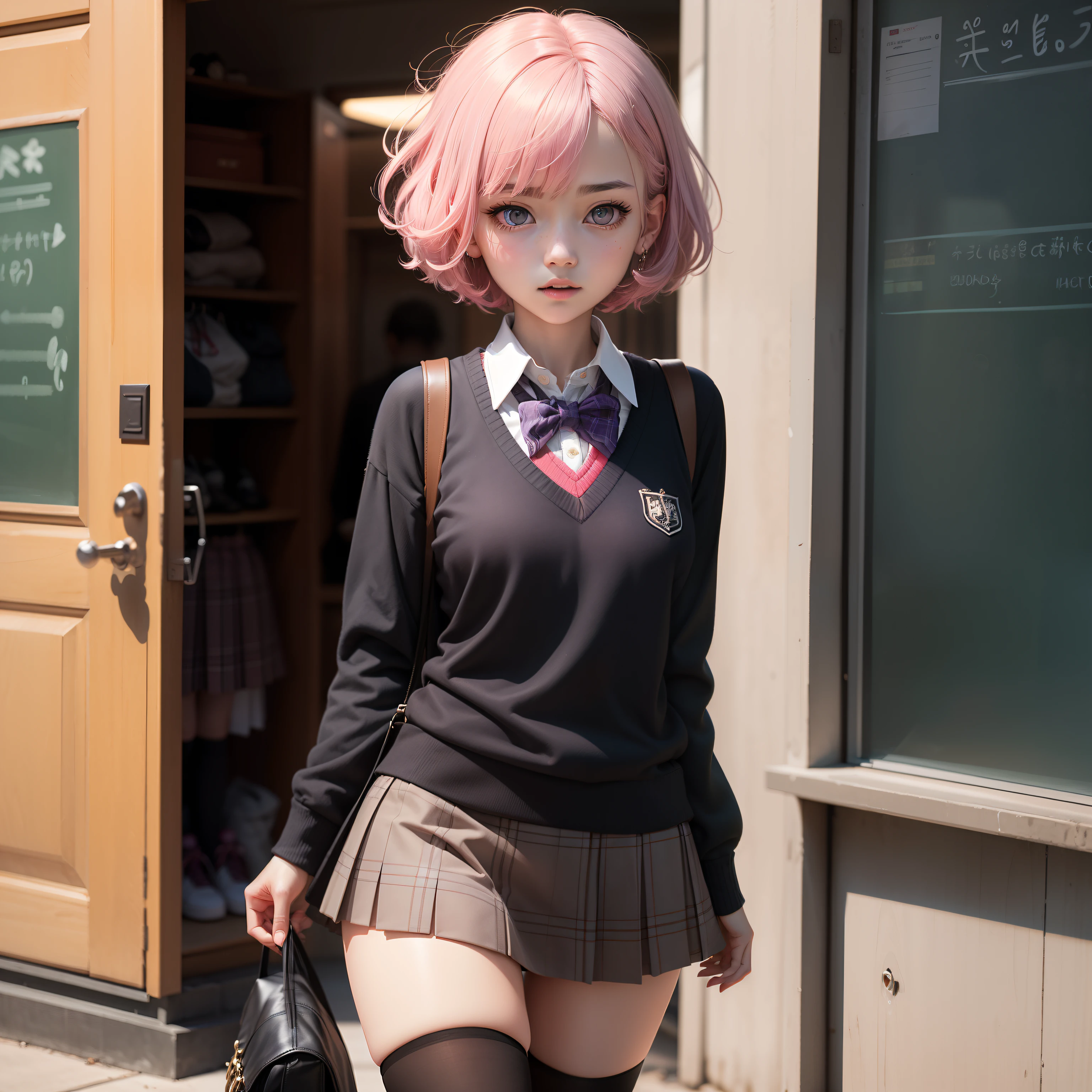 PH Momo, momohd, phmomo, Solo, 1girl in, Pink hair, Purple eyes, Short hair, Hair Flower, Sweater Vest, School uniform, Big eyes, plaid skirts, black thighhighs,embarrassed