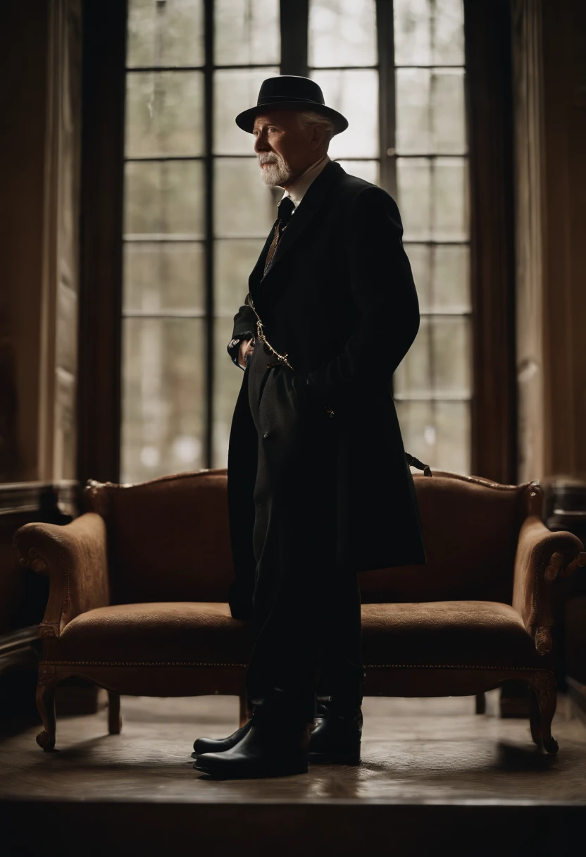 Old gentleman with a goatee,sit on chair,Eyes look at boots,Black high-gloss rain boots, 8K分辨率,Wallpaper masterpiece,Best quality,Highly meticulous,Ultra high quality