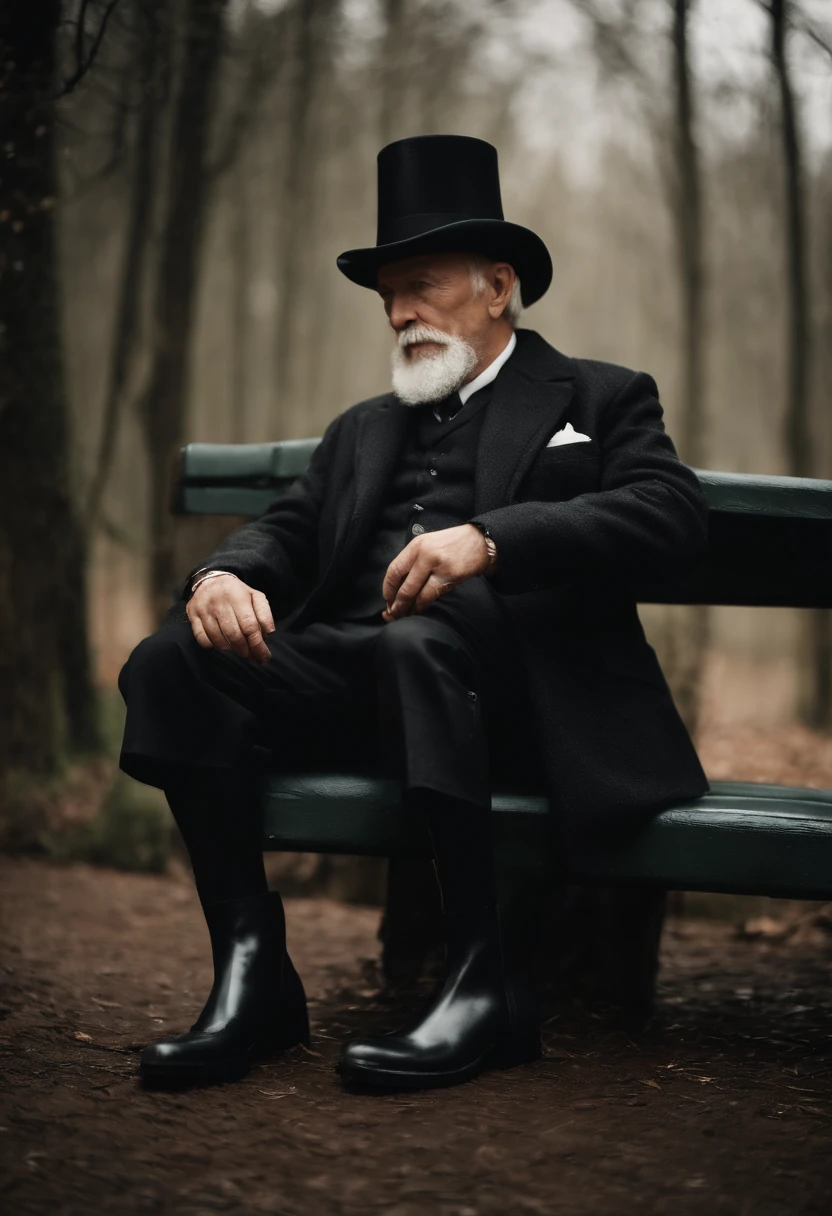 Old gentleman with a goatee，sit on chair，Eyes look at boots，Black high-gloss rain boots, 8K分辨率,Wallpaper masterpiece，Best quality，Highly meticulous，Ultra high quality
