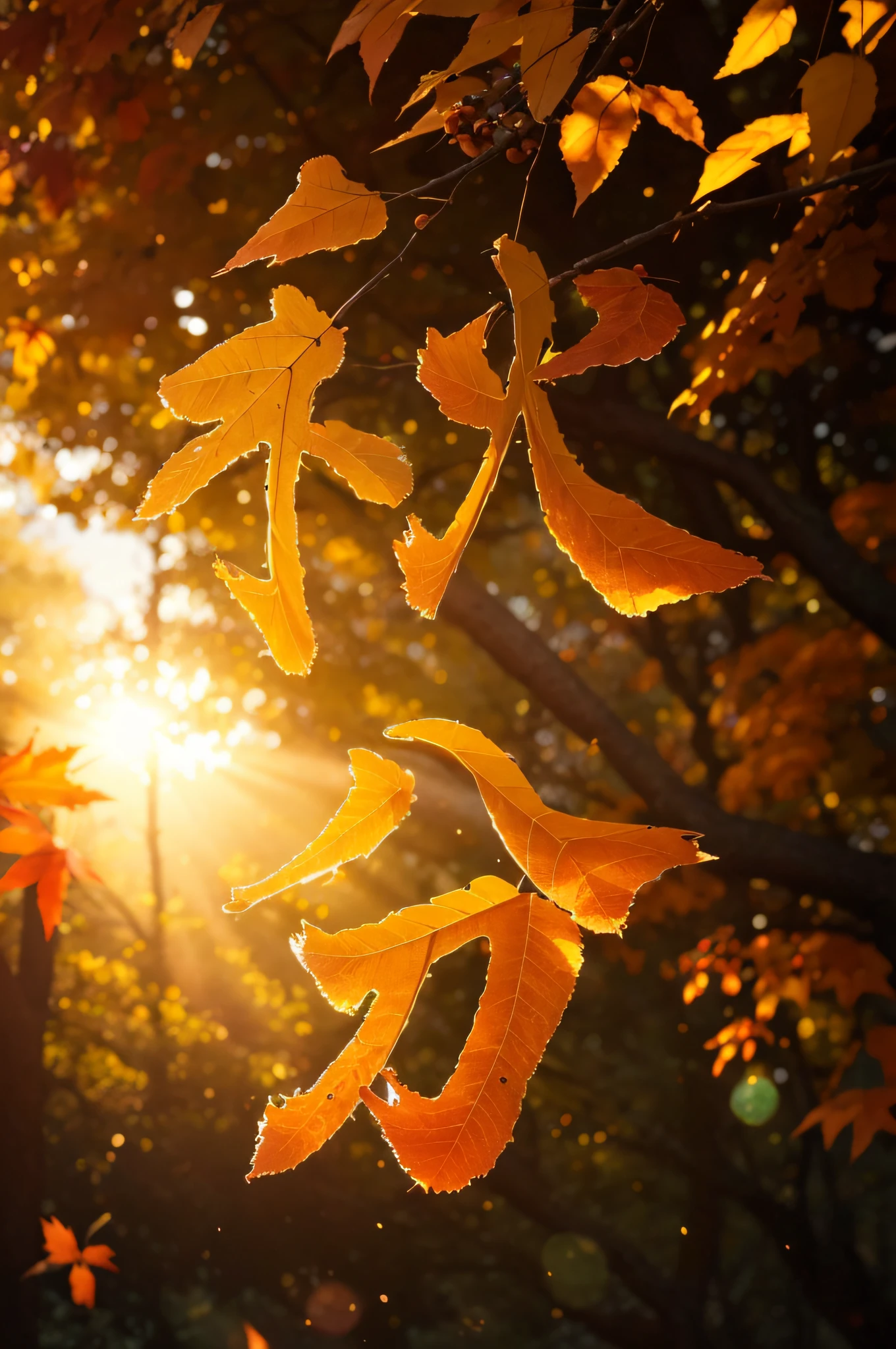 Autumn evening，Branches in the sun，Hang sunlight on the leaves，Dingdall effect，photorealestic，Natural soft light，Hyper-detailing，4K