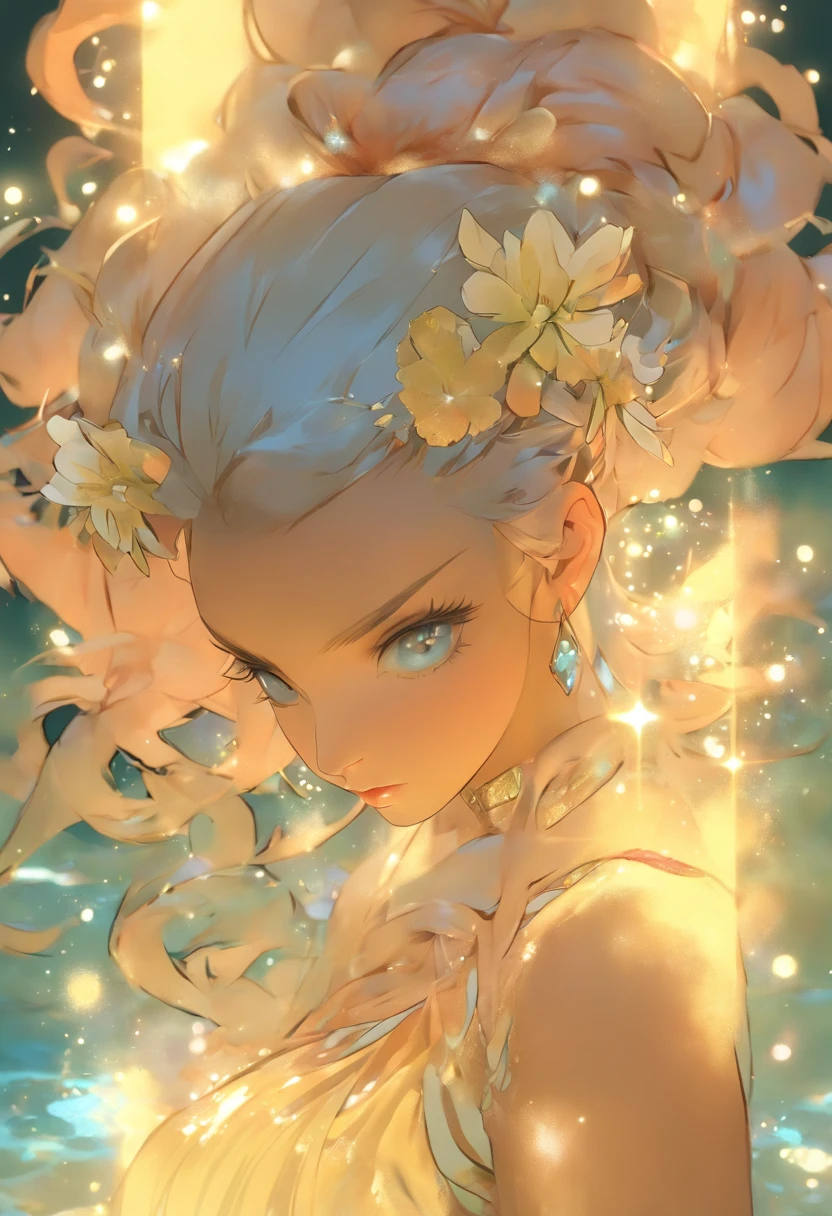 ​masterpiece、top-quality、hight resolution、High-quality images、8K、Silver metallic、grayscales、skin gloss、Texture of skin and clothing、细节、portlate、Detailed eye expression、Lustrous hair、poneyTail、Braided hair、full body Esbian、dong、spear、evening primrose、by mucha、