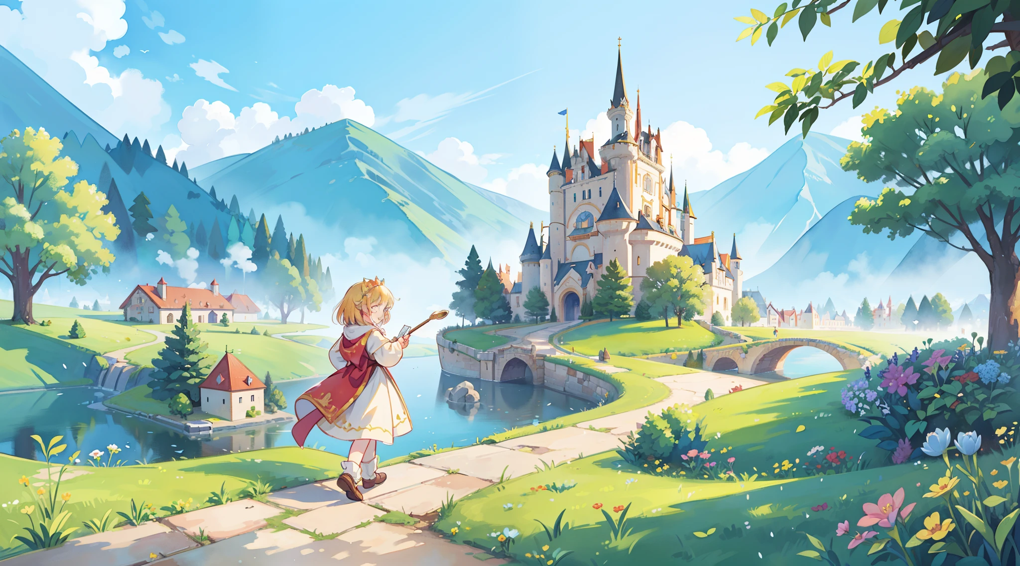 ((picture book illustration)), fantasy landscape, watercolor illustration, whimsical, warm colors, fairytale castle and village, ((princess castle)), fairytale medieval style houses, ((masterpiece)), highly detailed environment