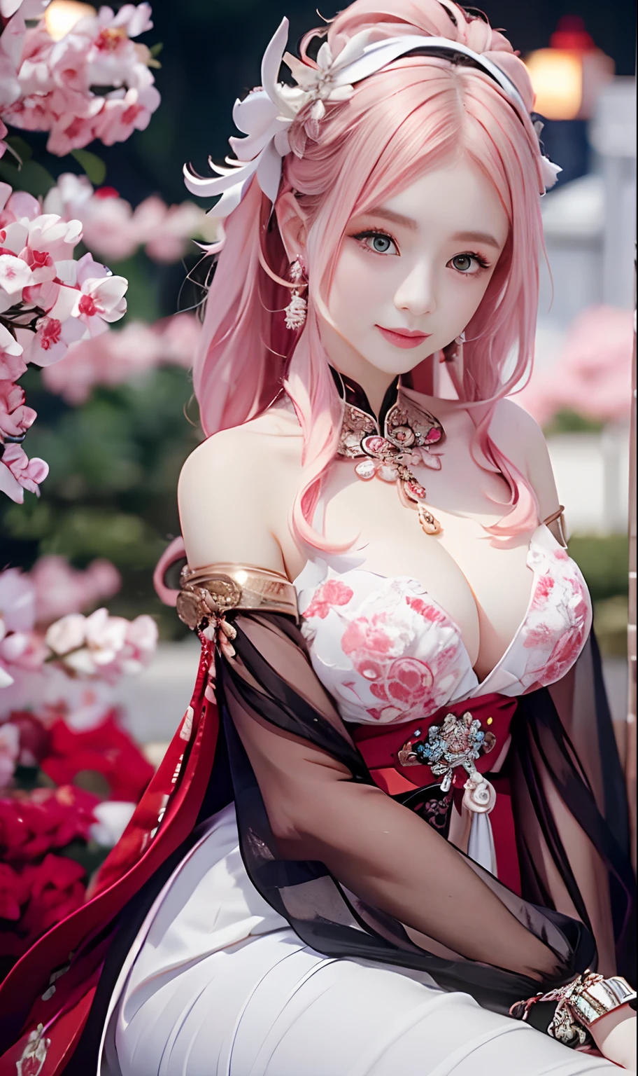 (optimum，tmasterpiece，High picture quality)，There was a girl in a white dress, clubs，red fox，oriental architecture ray tracing，best qualtiy，light particules，Extremely detailed 8k wallpaper，Sexy beauty，mature，Super detailed eyes，busty figure，(Pink hair，Yae Miko，the original god)，sleek legs，intricately details，Cold white skin，（Carefully portray blush），Messy beauty，The skin is shiny and silky，beautidful eyes，An extremely delicate and beautiful girl，full bodyesbian