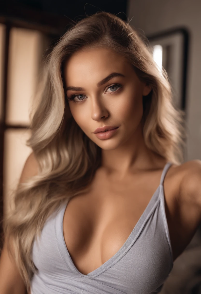 Arafed woman with matching tank top and panties, Sexy girl with brown eyes, portrait sophie mudd, blonde hair and large eyes, Selfie einer jungen Frau, Augen im Schlafzimmer, Violet Myers, ohne Make-up, Natural makeup, Blick direkt in die Kamera, Gesicht mit Artgram, dezentes Make-up, Stunning full body shot, im Schlafzimmer, Spaltung