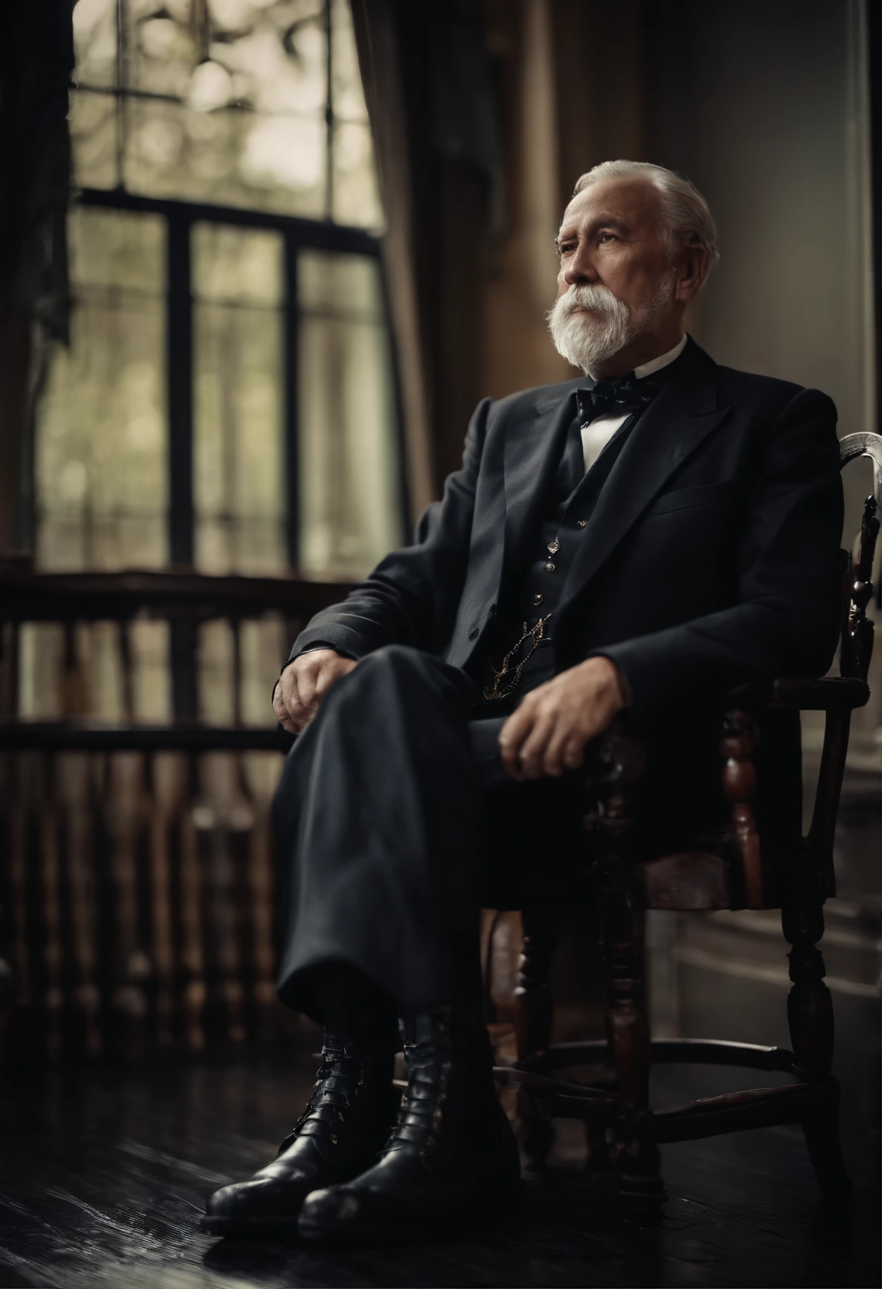 Old gentleman with a goatee,sit on chair,Eyes look at boots,Black high-gloss rain boots, 8K分辨率,Wallpaper masterpiece,Best quality,Highly meticulous,Ultra high quality