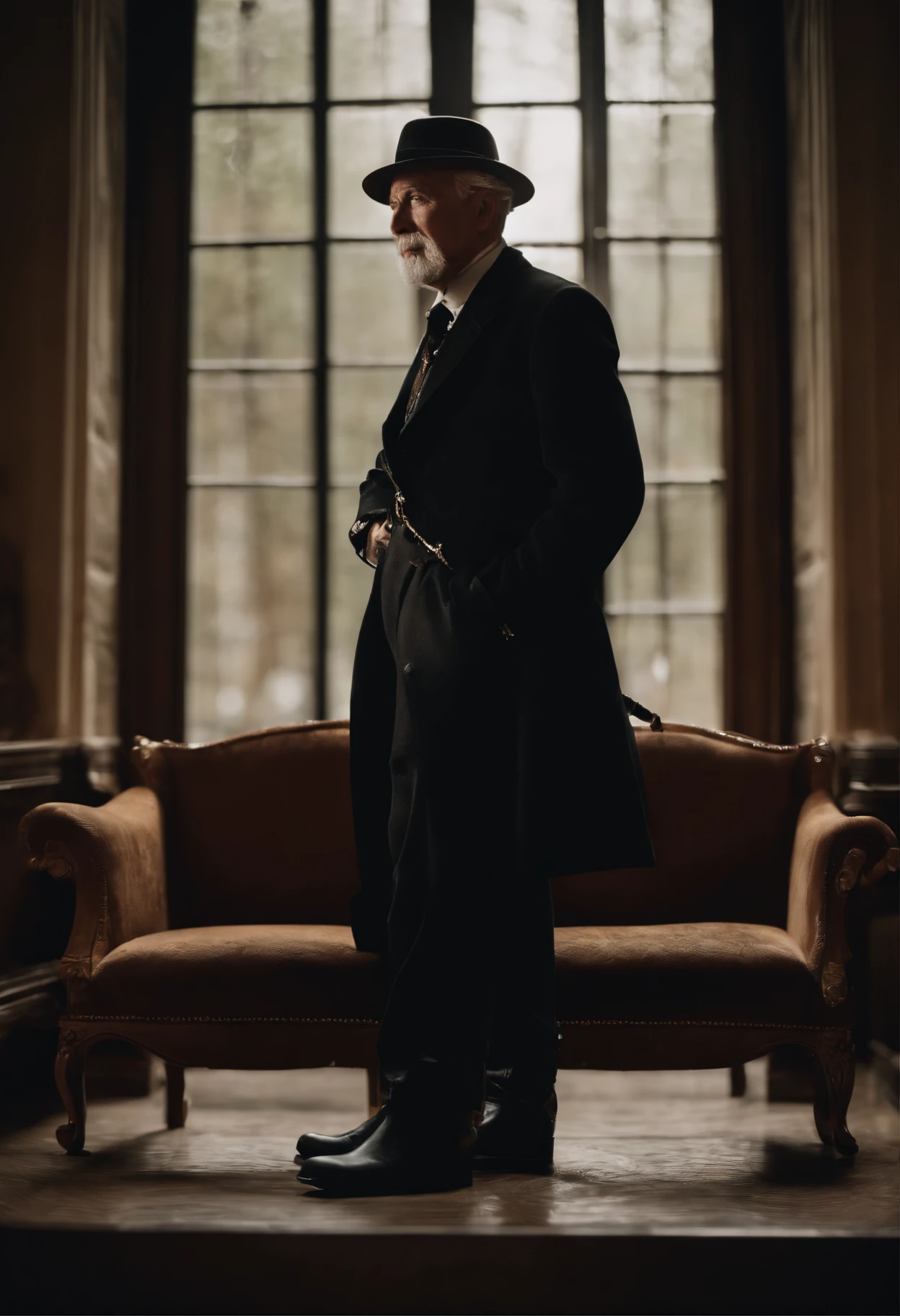 Old gentleman with a goatee，sit on chair，Eyes look at boots，Black high-gloss rain boots, 8K分辨率,Wallpaper masterpiece，Best quality，Highly meticulous，Ultra high quality