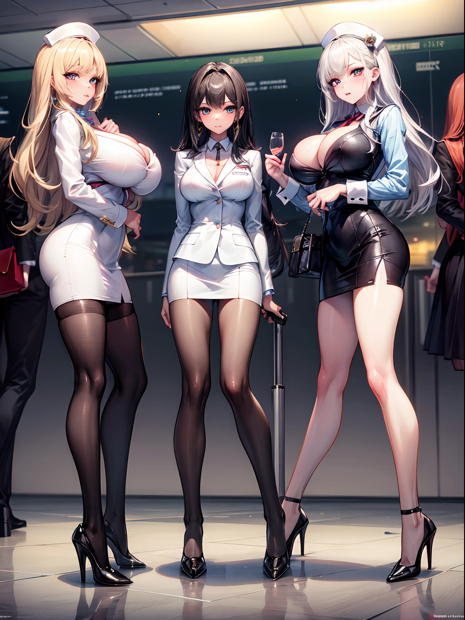 masterpiece, best quality, official art, extremely detailed, 3girls, flight attendant, high heels, airport