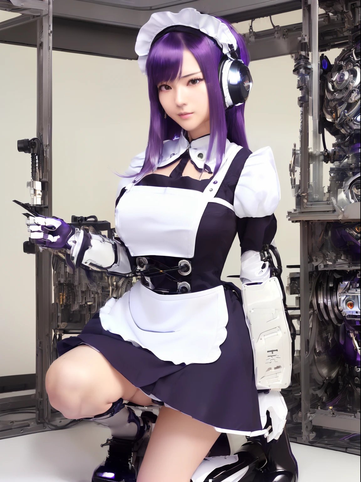 ((masutepiece)), ((top-quality), high quarity、ultra-definition, Realistic, fulcolor 、One beautiful robot woman、Joints of machines、Frame of the machine、Thick wire joints、White porcelain mechanical armor、(Curvaceous face)、deadpan、((Electronic substrate))、Purple straight hair、Wide Shot、Get on your knees、(head gear)、(maid clothes)