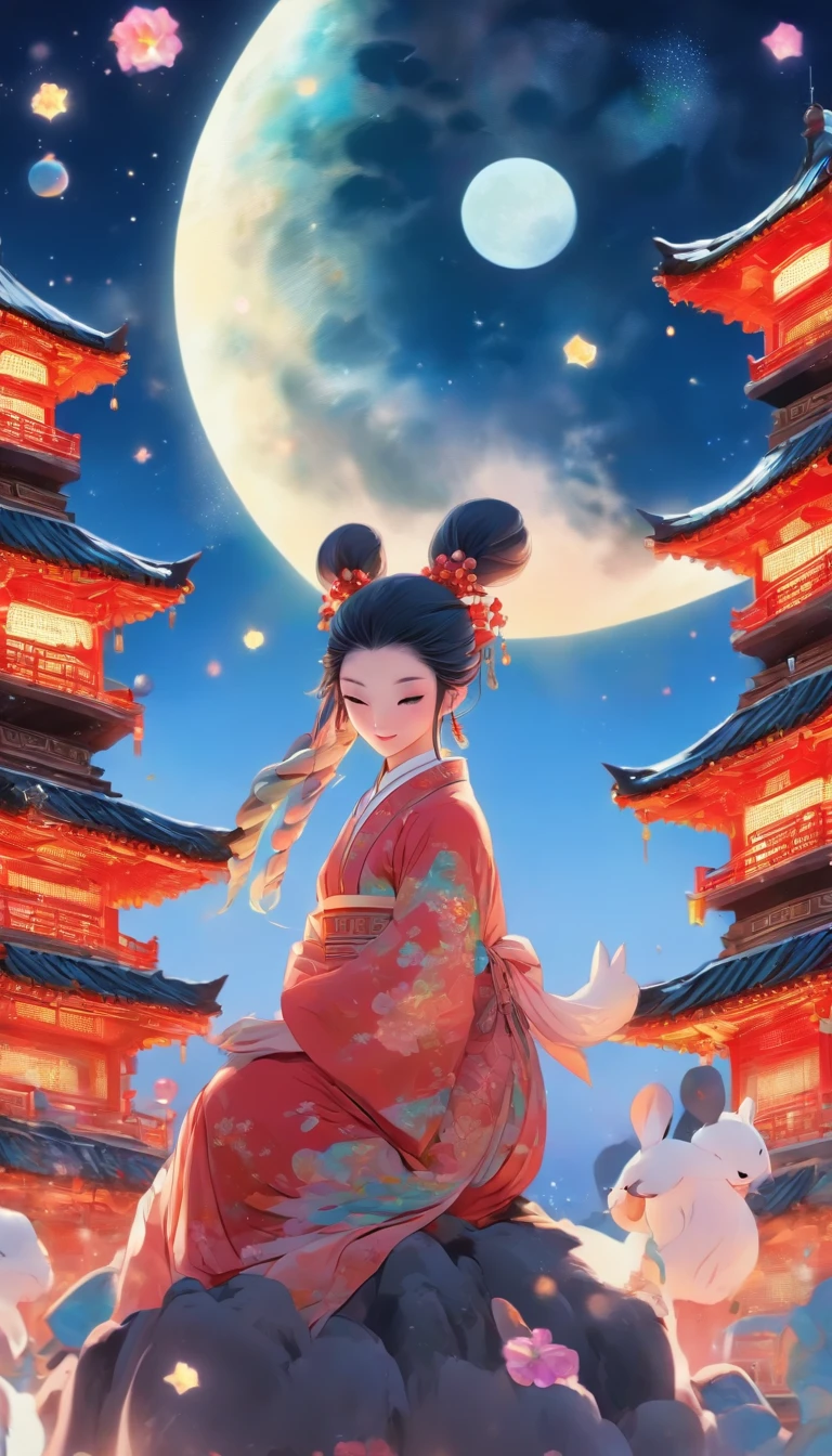 （full bodyesbian：1.25），Faraway view，（faded：1.3），extremely colorful，（tmasterpiece：1,2），best qualityer，extremely detailed CG  8k wallpaper，best qualityer，A high resolution，Original，extremelydetailedwallpaper，（solo person：1.25），A woman who is，cabelos preto e longos，Dressed in gorgeous ancient Chinese costumes，Detailed and beautiful face，Woman sitting on the surface of the moon，There are mooncakes on the table，Behind you is a snow-covered Chinese palace，There was a rabbit at the woman's feet，Starry sky and blue earth as background，