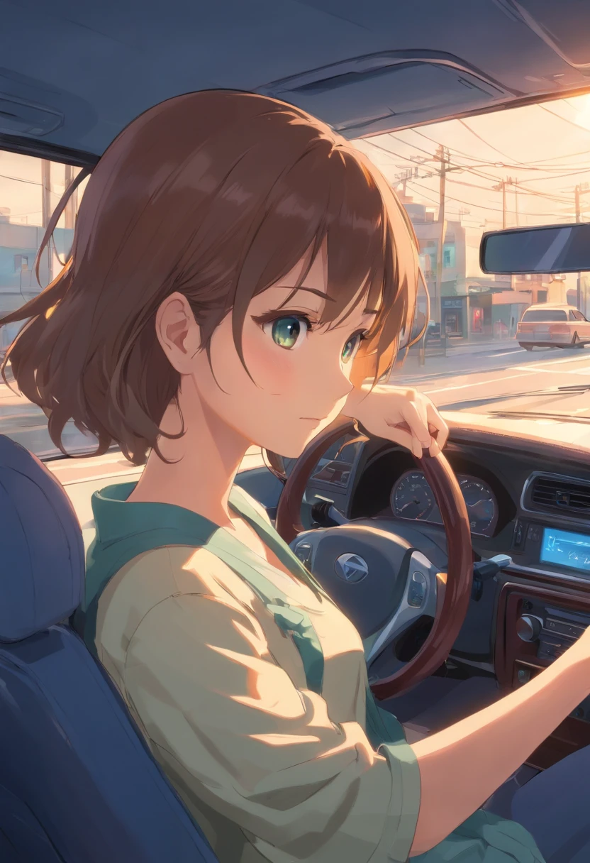 The woman in her 30s in the car was driving intently, Super detailed images of the interior of the car, Manga style, Full-HD