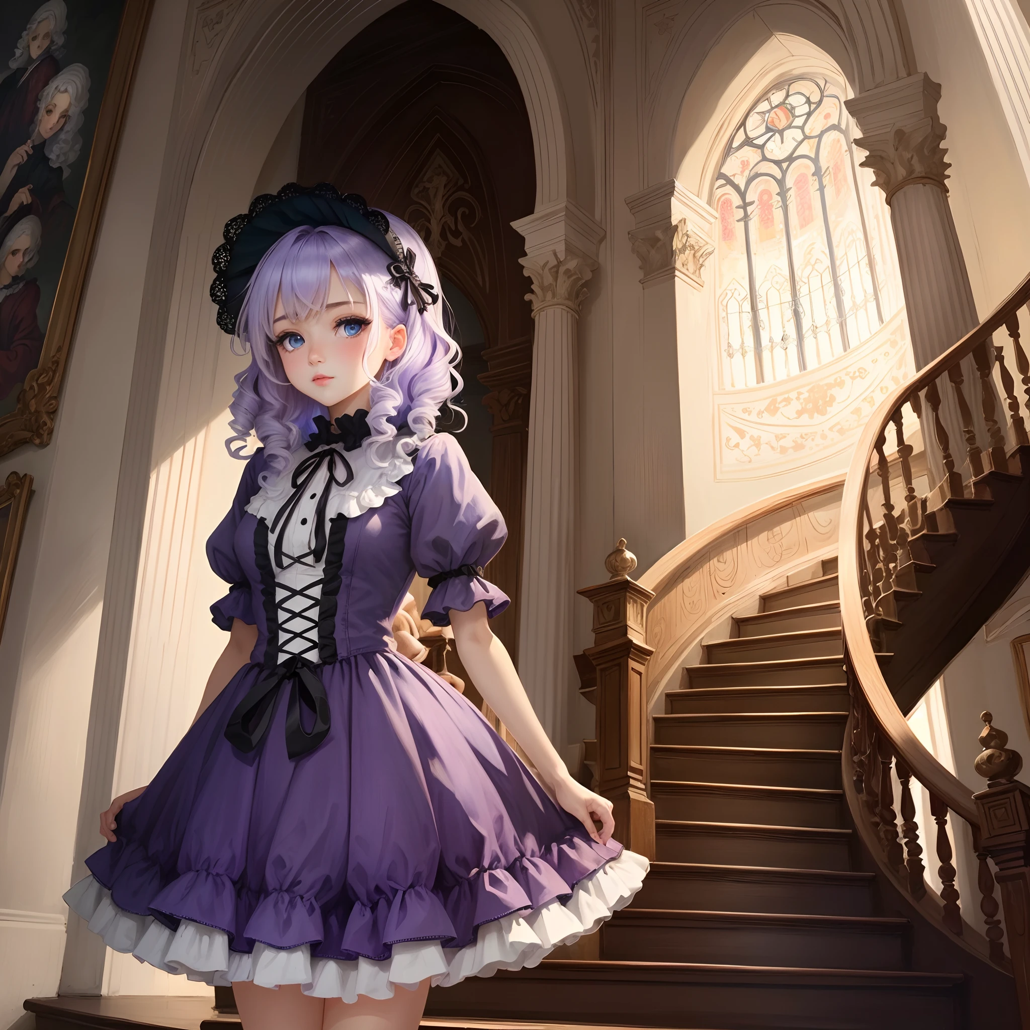 Light purple hair blue eyes hanging eyes curly beautiful girl gothic lolita spiral staircase illustration