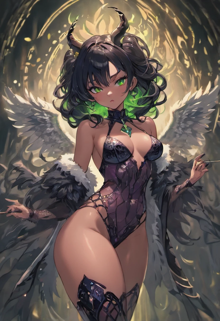 (black hair, green eyes:1.1) thicc succubus, (thigh-high fishnets:1.1), seductive expression, (beautiful detailed eyes, beautiful detailed lips), (demon horns), (voluptuous body), (dark atmosphere), (sensual pose), (soft lighting), (provocative outfit), (dark fantasy), (lush background), (high-res, 4k), (vivid colors), (dramatic lighting), (elegant curves), (sinister charm), (erotic undertones), (alluring beauty), (temptation), (exquisite details), (mythical creature), (seductive aura), (captivating gaze), (lush hair), (mysterious allure), (supernatural vibe), (sensual presence), (charismatic feminity), (enchanting silhouette), (enticing energy), (provocative ambiance), (fantasy charm), (mystical seductress), (intense charisma), (spellbinding allure), (mesmerizing figure), (bewitching elegance), (magnetic grace) wearing fur lined dress