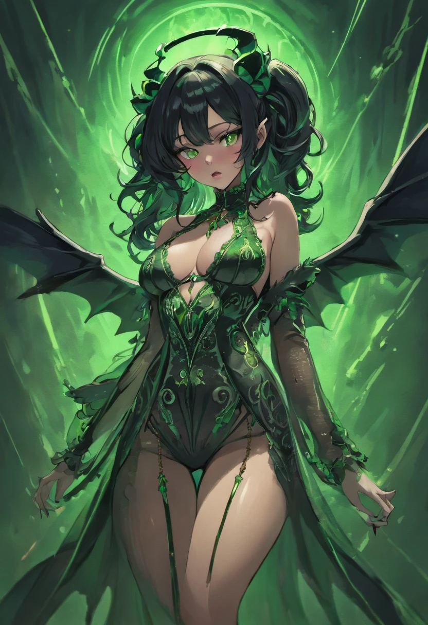 (black hair, green eyes:1.1) thicc succubus, (thigh-high fishnets:1.1), seductive expression, (beautiful detailed eyes, beautiful detailed lips), (demon horns), (voluptuous body), (dark atmosphere), (sensual pose), (soft lighting), (provocative outfit), (dark fantasy), (lush background), (high-res, 4k), (vivid colors), (dramatic lighting), (elegant curves), (sinister charm), (erotic undertones), (alluring beauty), (temptation), (exquisite details), (mythical creature), (seductive aura), (captivating gaze), (lush hair), (mysterious allure), (supernatural vibe), (sensual presence), (charismatic feminity), (enchanting silhouette), (enticing energy), (provocative ambiance), (fantasy charm), (mystical seductress), (intense charisma), (spellbinding allure), (mesmerizing figure), (bewitching elegance), (magnetic grace) wearing fur lined dress