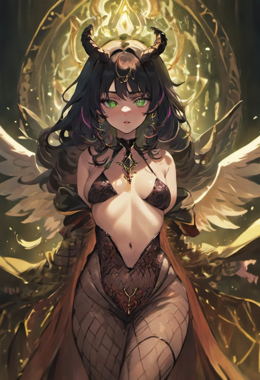 (black hair, green eyes:1.1) thicc succubus, (thigh-high fishnets:1.1), seductive expression, (beautiful detailed eyes, beautiful detailed lips), (demon horns), (voluptuous body), (dark atmosphere), (sensual pose), (soft lighting), (provocative outfit), (dark fantasy), (lush background), (high-res, 4k), (vivid colors), (dramatic lighting), (elegant curves), (sinister charm), (erotic undertones), (alluring beauty), (temptation), (exquisite details), (mythical creature), (seductive aura), (captivating gaze), (lush hair), (mysterious allure), (supernatural vibe), (sensual presence), (charismatic feminity), (enchanting silhouette), (enticing energy), (provocative ambiance), (fantasy charm), (mystical seductress), (intense charisma), (spellbinding allure), (mesmerizing figure), (bewitching elegance), (magnetic grace) wearing fur lined dress