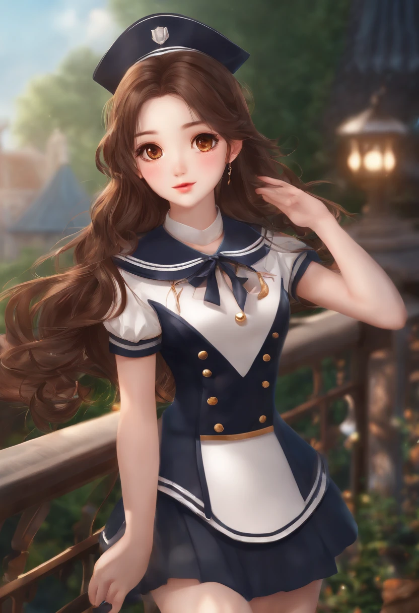 beautiful detailed girl, standing, shiny_skin, flat chest, girl,woman,female, young,20 years old, long hair, brown hair, sailor suit, ((wallpaper 8k CG)), ((highres)), ((absurdres)),(extremely detailed eyes and face)