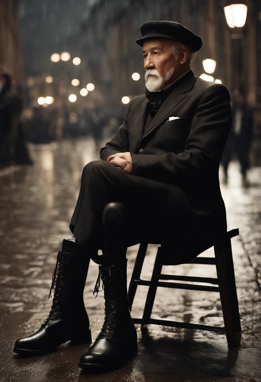 Old gentleman with a goatee,sit on chair,Eyes look at boots,Black high-gloss rain boots, 8K分辨率,Wallpaper masterpiece,Best quality,Highly meticulous,Ultra high quality,Increase brightness。