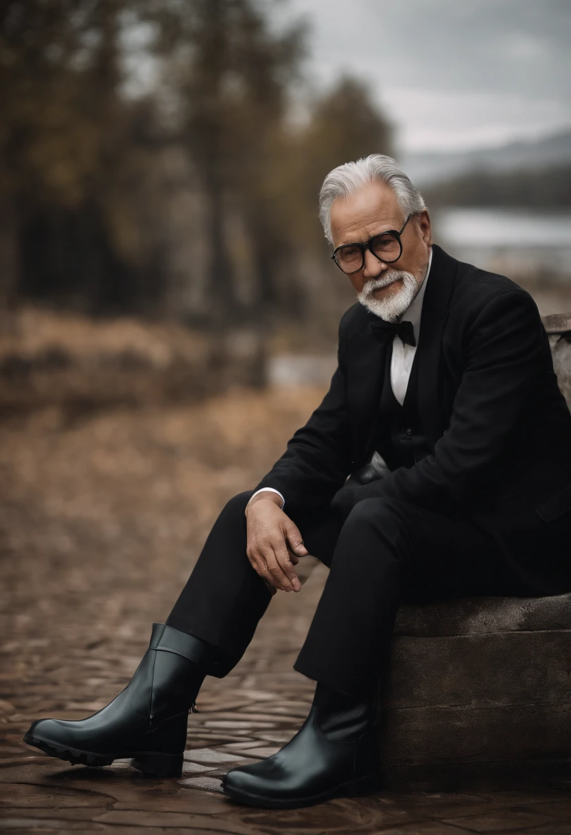 Old gentleman with a goatee,sit on chair,Eyes look at boots,Black high-gloss rain boots, 8K分辨率,Wallpaper masterpiece,Best quality,Highly meticulous,Ultra high quality,Increase brightness。