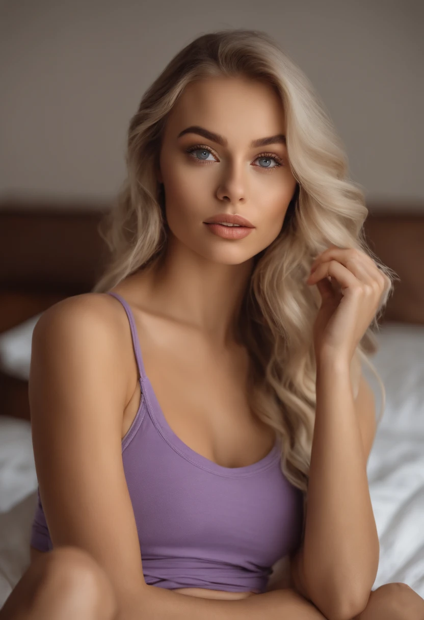 woman with matching tank top and panties, Sexy girl with blue eyes, portrait sophie mudd, portrait corinna kopf, blonde hair and large eyes, Selfie einer jungen Frau, Augen im Schlafzimmer, Violet Myers, ohne Make-up, Natural makeup, Blick direkt in die Kamera, Gesicht mit Artgram, dezentes Make-up, Stunning full body shot, im Schlafzimmer, Spaltung