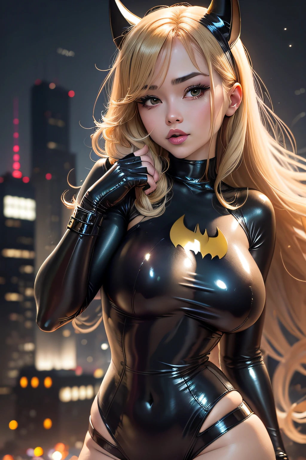 chica 、Feeling of human skin、mujer realista、OL、Wear a very sexy latex batman costume at night with a bat background 、Disparo en solitario、atajo、Mejillas sonrojadas y feliz、pelo corto una rubia