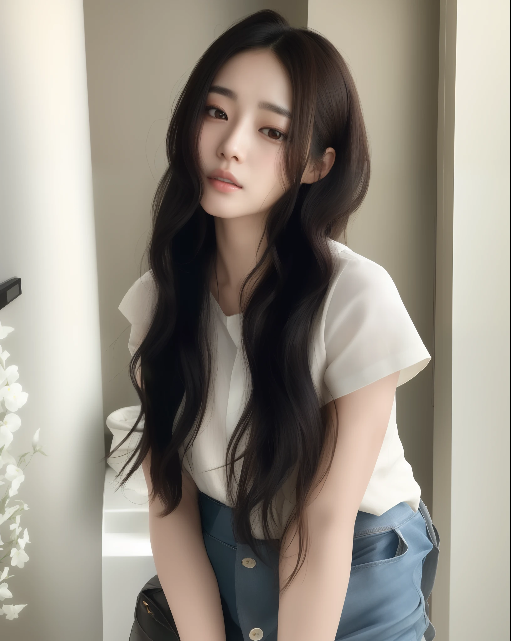 Araffe Asian woman with long brown hair and white shirt, Kim Tae-hee, with long hair, Gorgeous young Korean woman, long wavy black hair, heonhwa choe, wavy long length of black hair, Shoulder-length wavy hair Kim Tae-hee's face