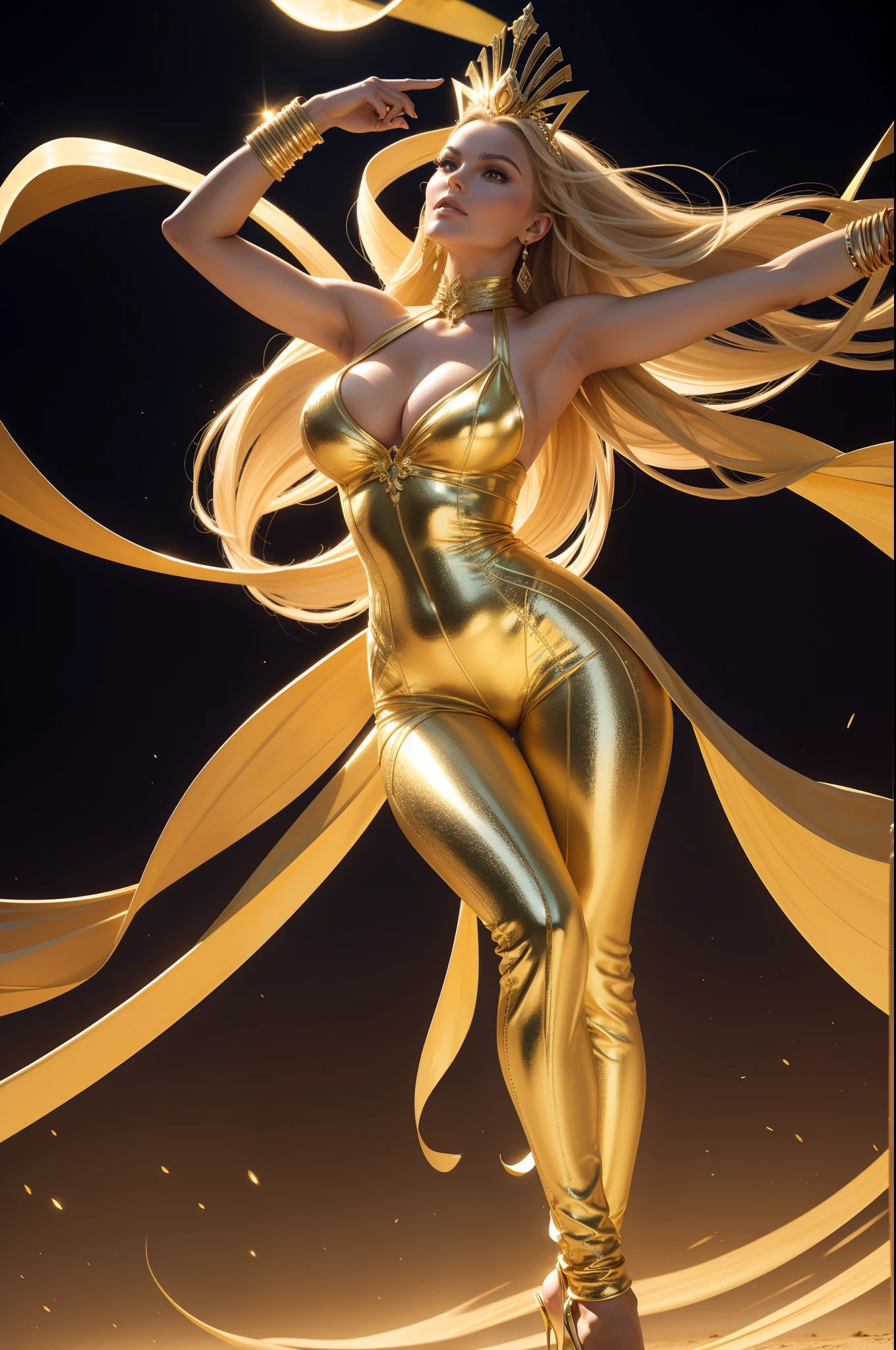 ( dunas do deserto ) Lindsey Vonn as a MYTHOLOGICAL DIVA in a golden tweezers jumpsuit, single piece Golden color, Golden bracelets on the arms, coxas expostas, right arm pointing upwards, head looking up, , athletic curvy body, olhando para o lado, Musculatura suavemente definida, Backview, perspectiva de corpo inteiro, Realismo 32K, obra prima.