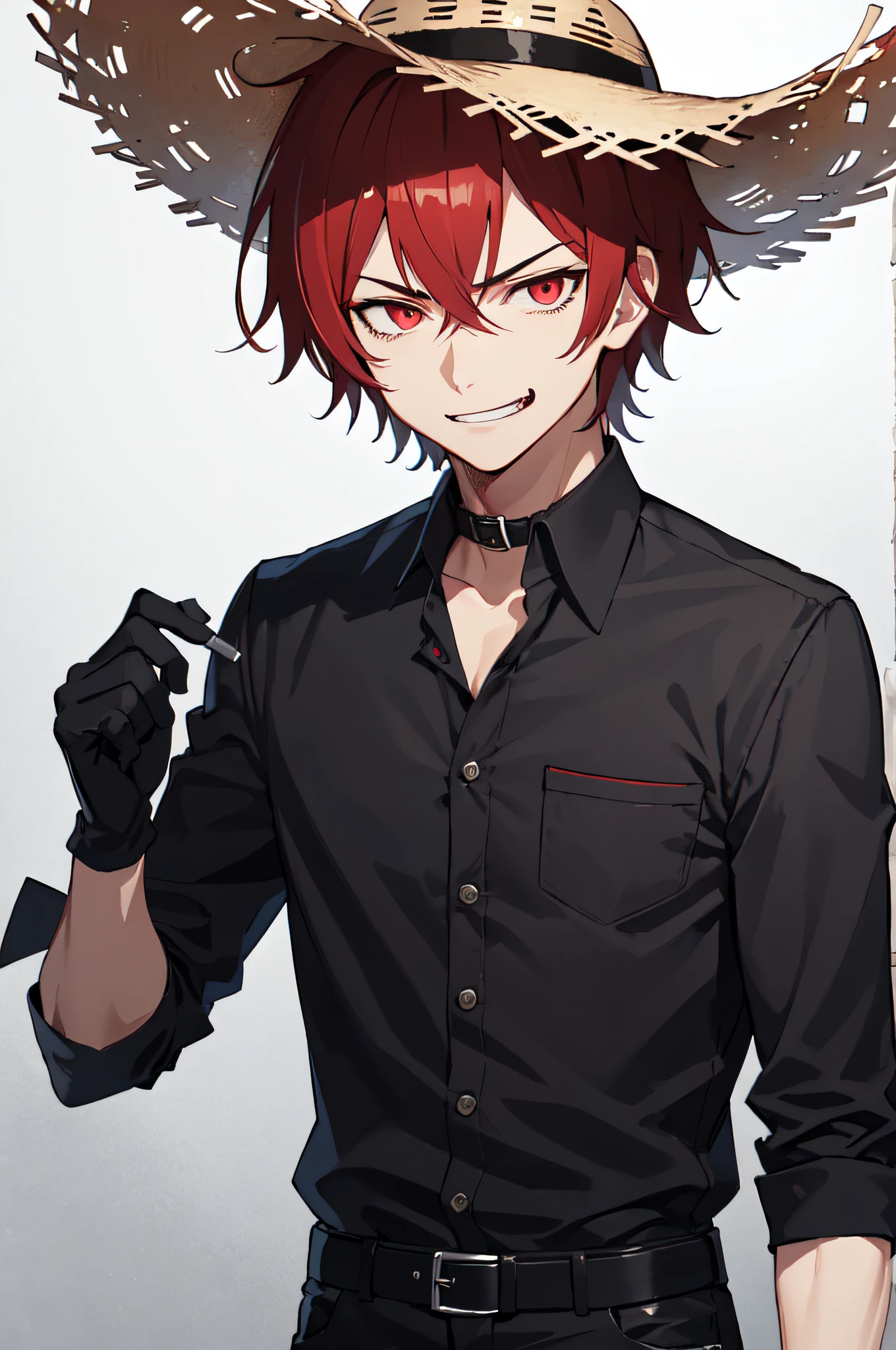 best quality,masterpiece,original,extremely detailed wallpaper,looking at viewer,1boy,solo,male,male focus,evil_smile, anger vein,red_eyes,red_hair,messy_hair,short hair,straw hat, black shirt,collar, black pants, black_gloves,