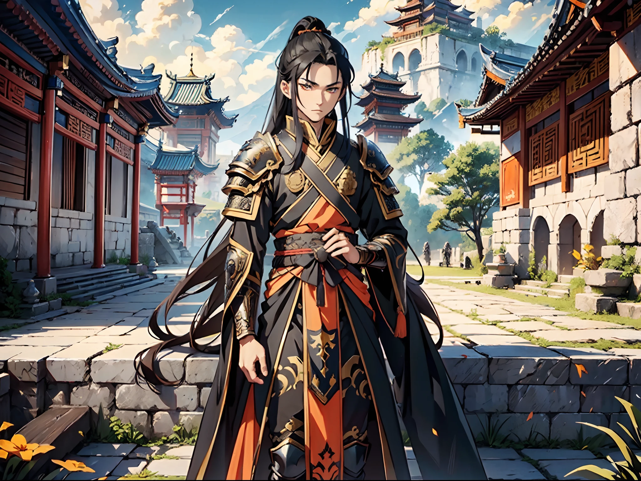 Ultra High Definition, Ultra High Quality, Extremely Detailed, Perfectly Detailed, Masterpiece, 8k, 1 Boy, Look A Like Xin From Kingdom Anime, Handsome, Armored With Chinese Emperor Armor, Black And Orange Pupil Eyes, Black Long Hair Tied, Full Body Shot, Ancient Kingdom Background
