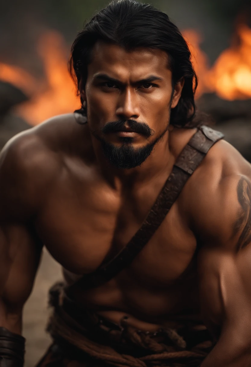 Portrait of a malay Viking warrior, hang jebat, very handsome and strong, strong and muscular, tanned and strong, dark short hair, brave warrior, similar to actor sharnaaz ahmad, standing in front of a burning village, cliffs, close up, attack pose and attitude.